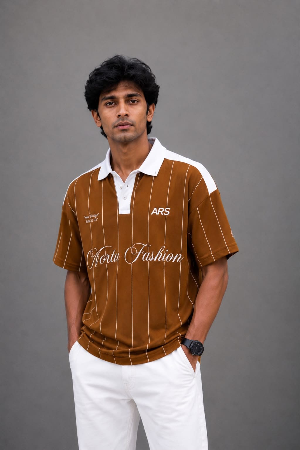 XELVANO Caramel Brown Varsity Pinstripe Polo Jersey