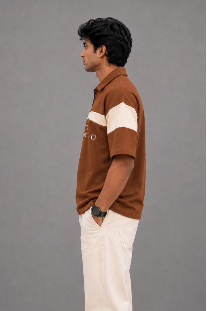 Diamond Quarter-Zip Polo T-Shirt - Cognac Brown