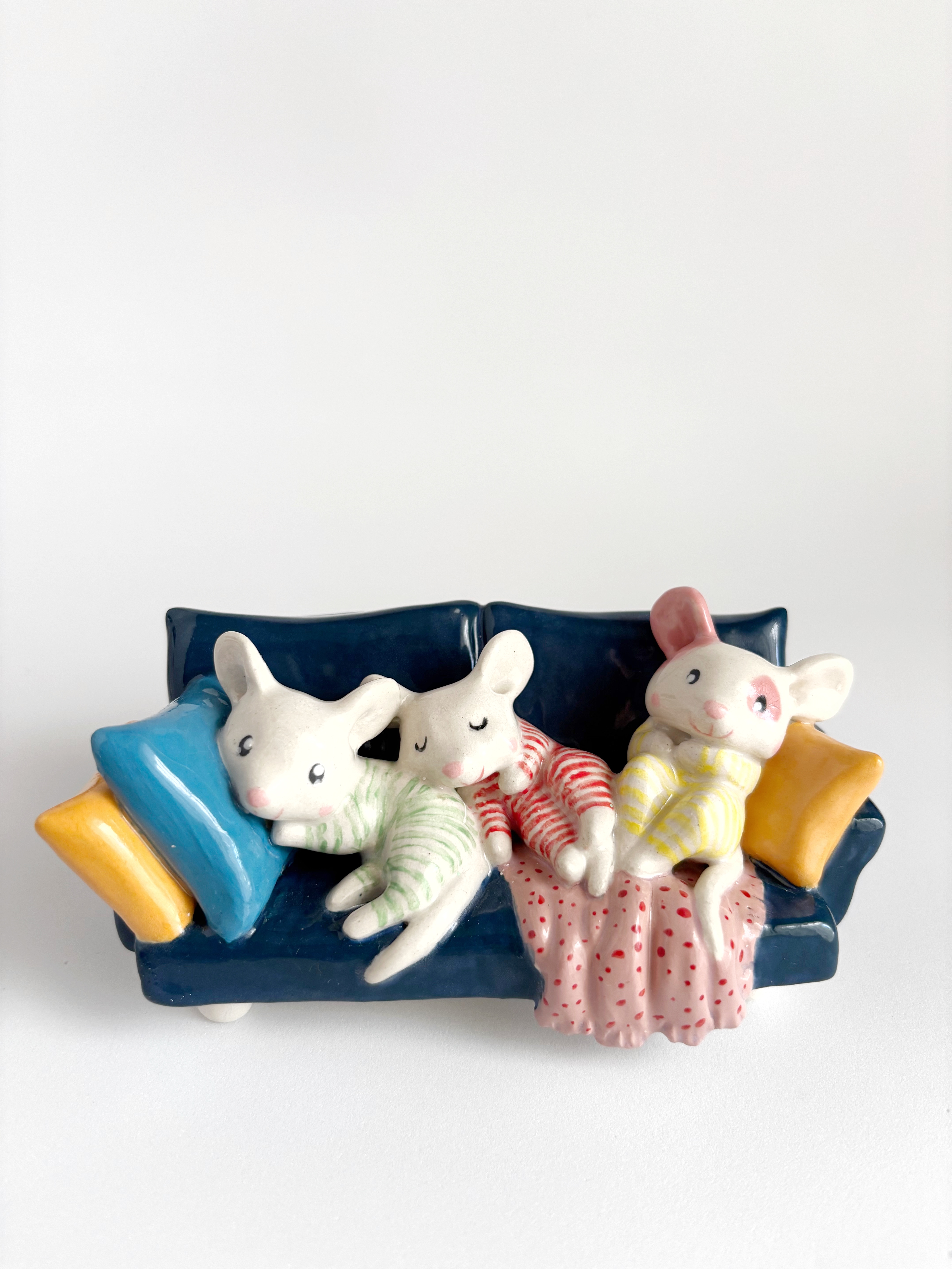 Three Little Mice on a Sofa – Handmade Ceramic 