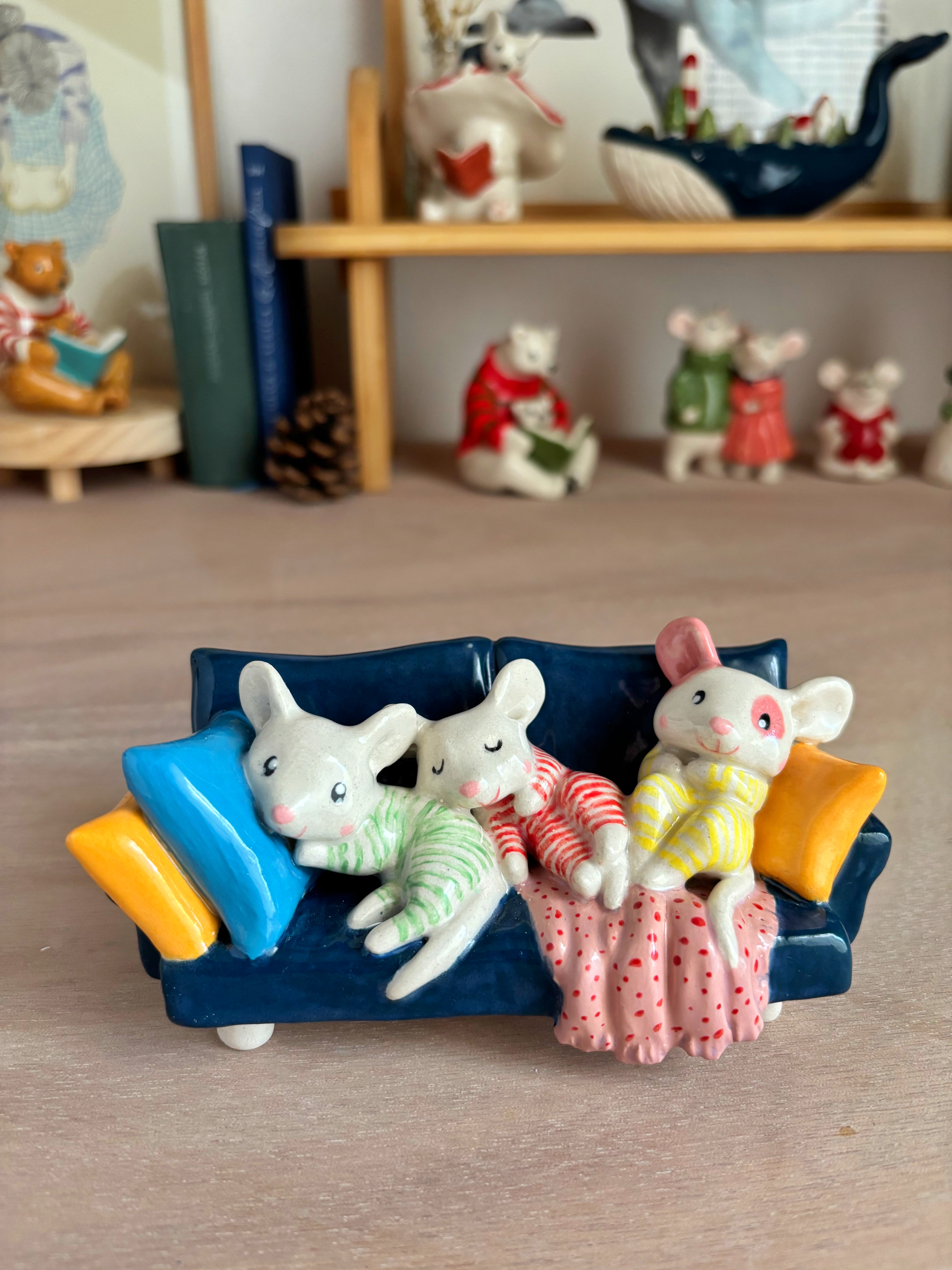 Three Little Mice on a Sofa – Handmade Ceramic 