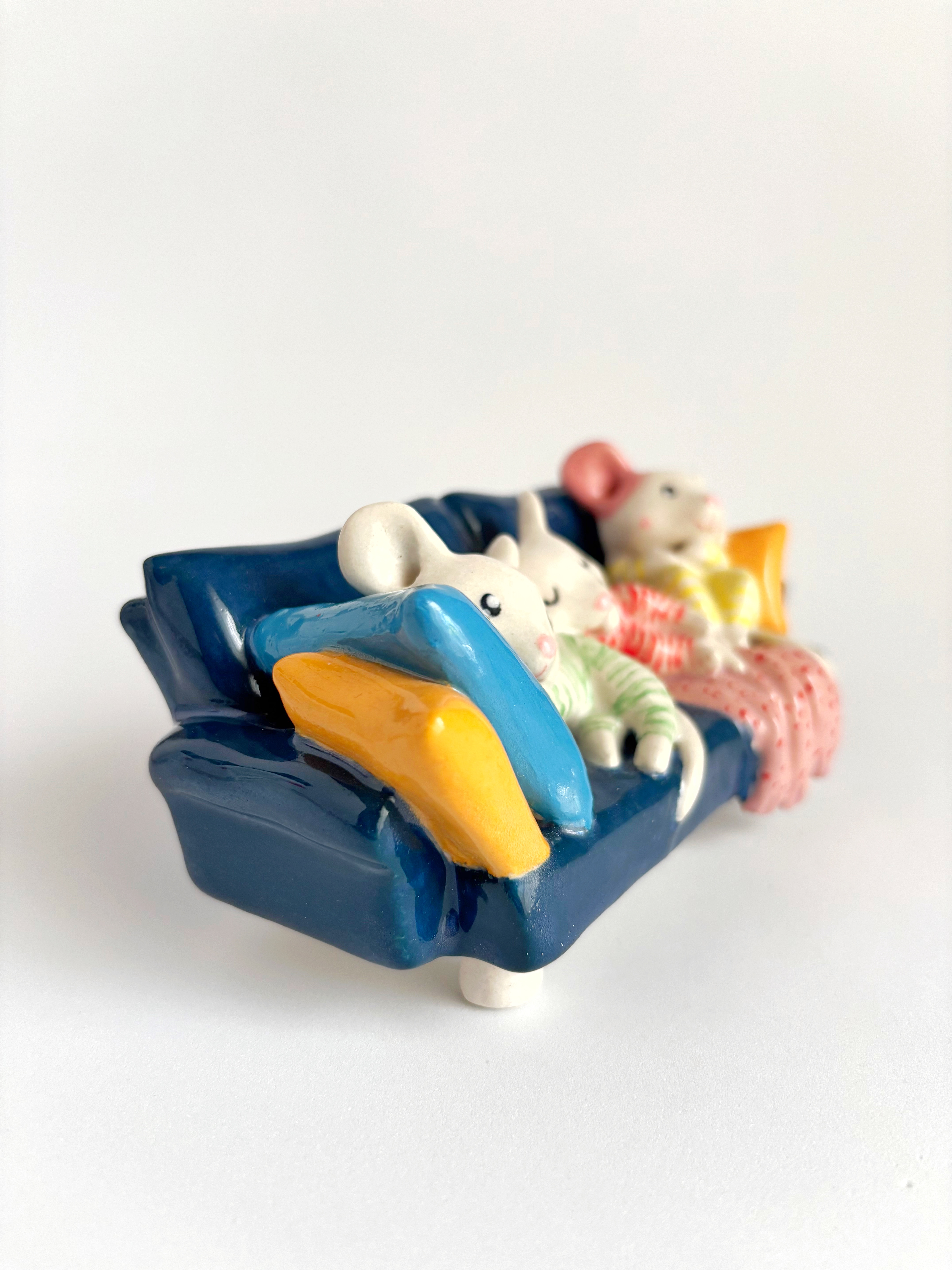 Three Little Mice on a Sofa – Handmade Ceramic 