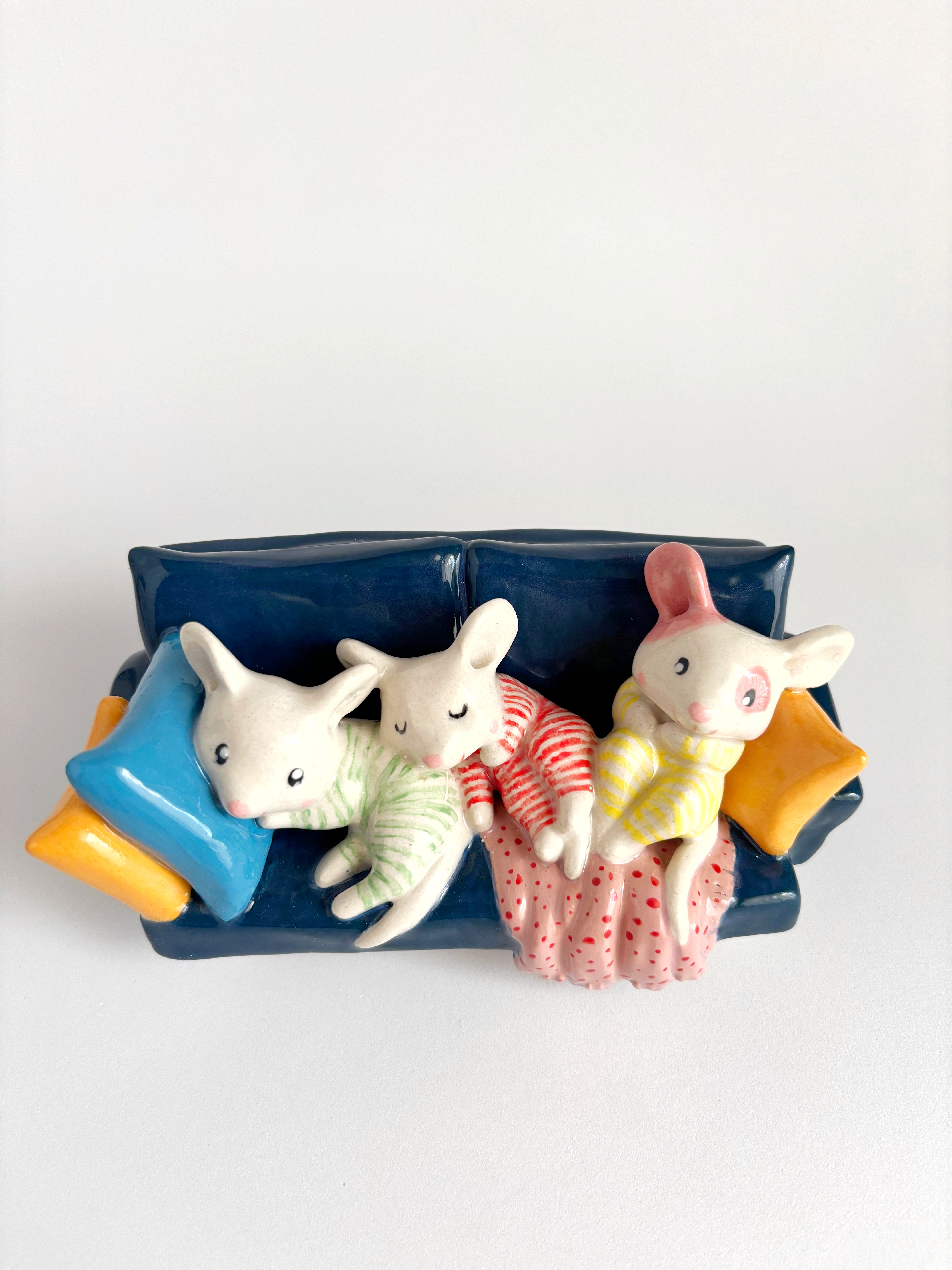 Three Little Mice on a Sofa – Handmade Ceramic 