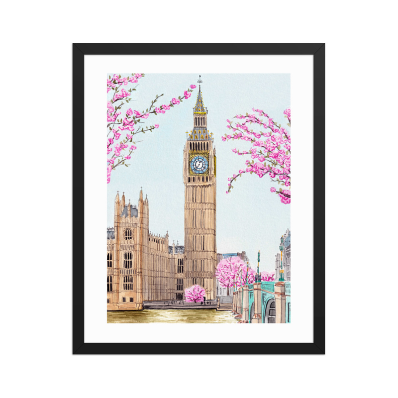 London Big Ben Watercolor Cityscape, UK Spring Cherry Blossom Framed Art Print