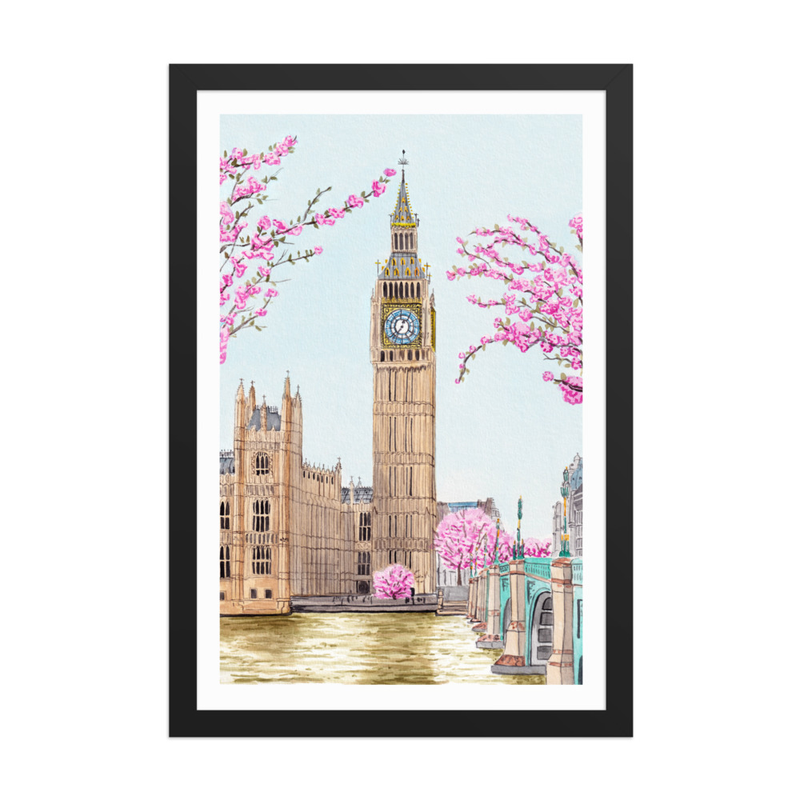 London Big Ben Watercolor Cityscape, UK Spring Cherry Blossom Framed Art Print