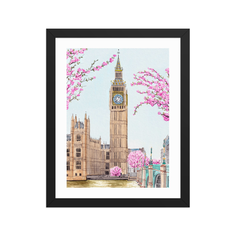 London Big Ben Watercolor Cityscape, UK Spring Cherry Blossom Framed Art Print