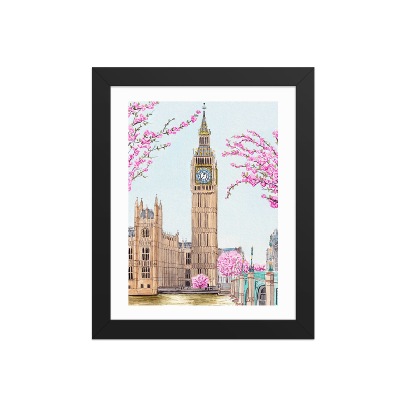 London Big Ben Watercolor Cityscape, UK Spring Cherry Blossom Framed Art Print