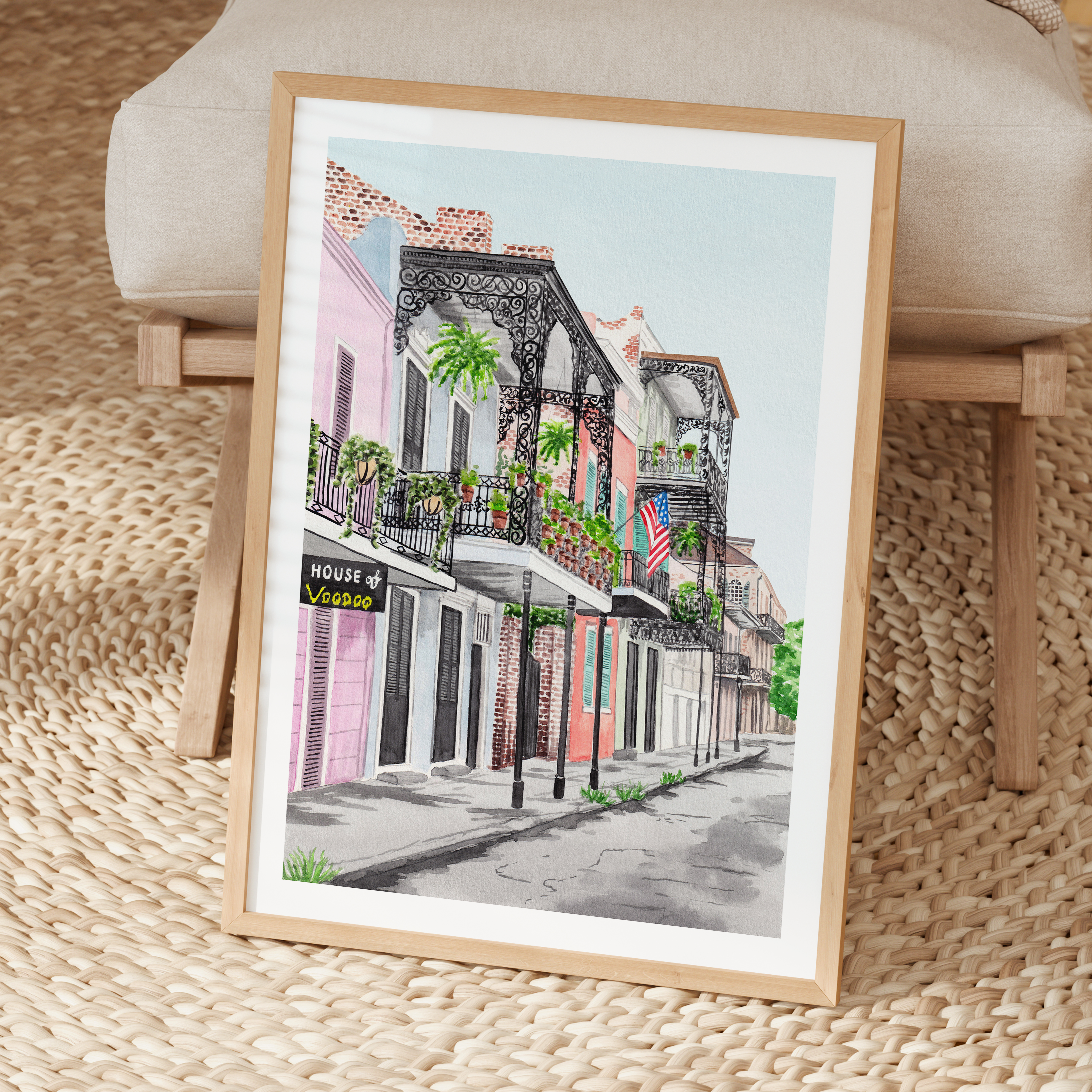 New Orleans French Quarter Watercolor Cityscape, Louisiana Framed Art Print