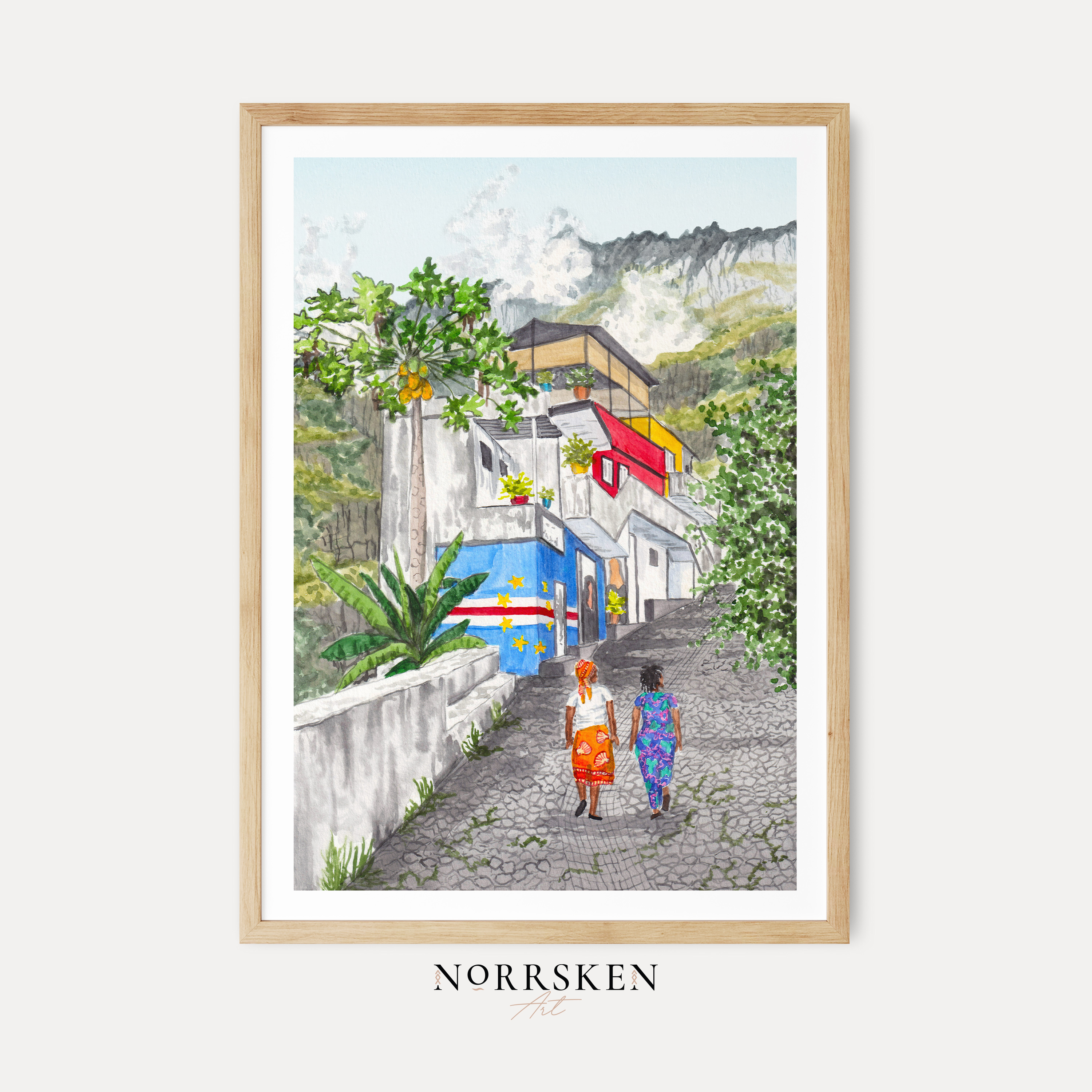 Santo Antão Watercolor Landscape, Cape Verde Tropical Decor Framed Art Print