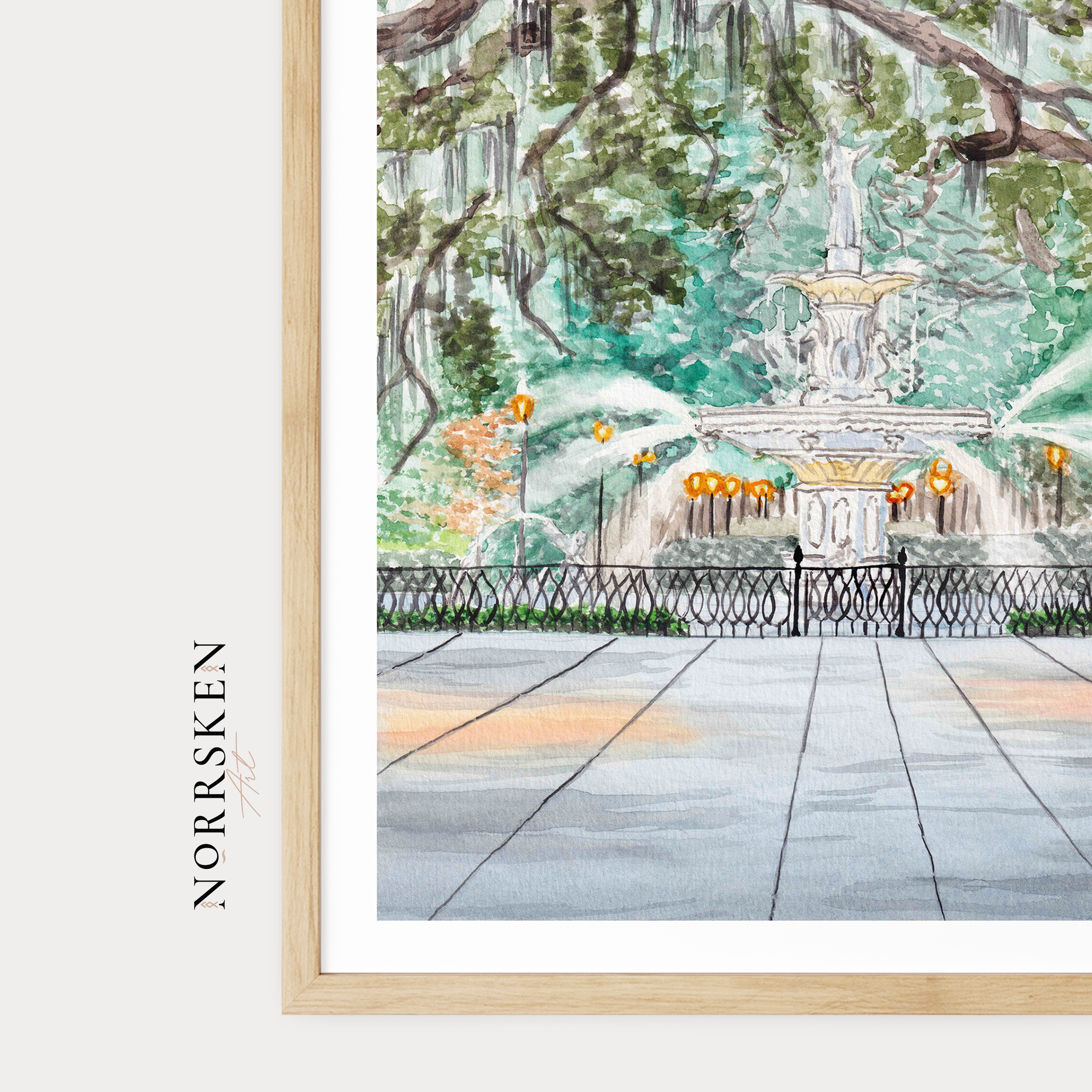 Forsyth Park Fountain Savannah Watercolor Cityscape, Georgia Southern Framed Art Print