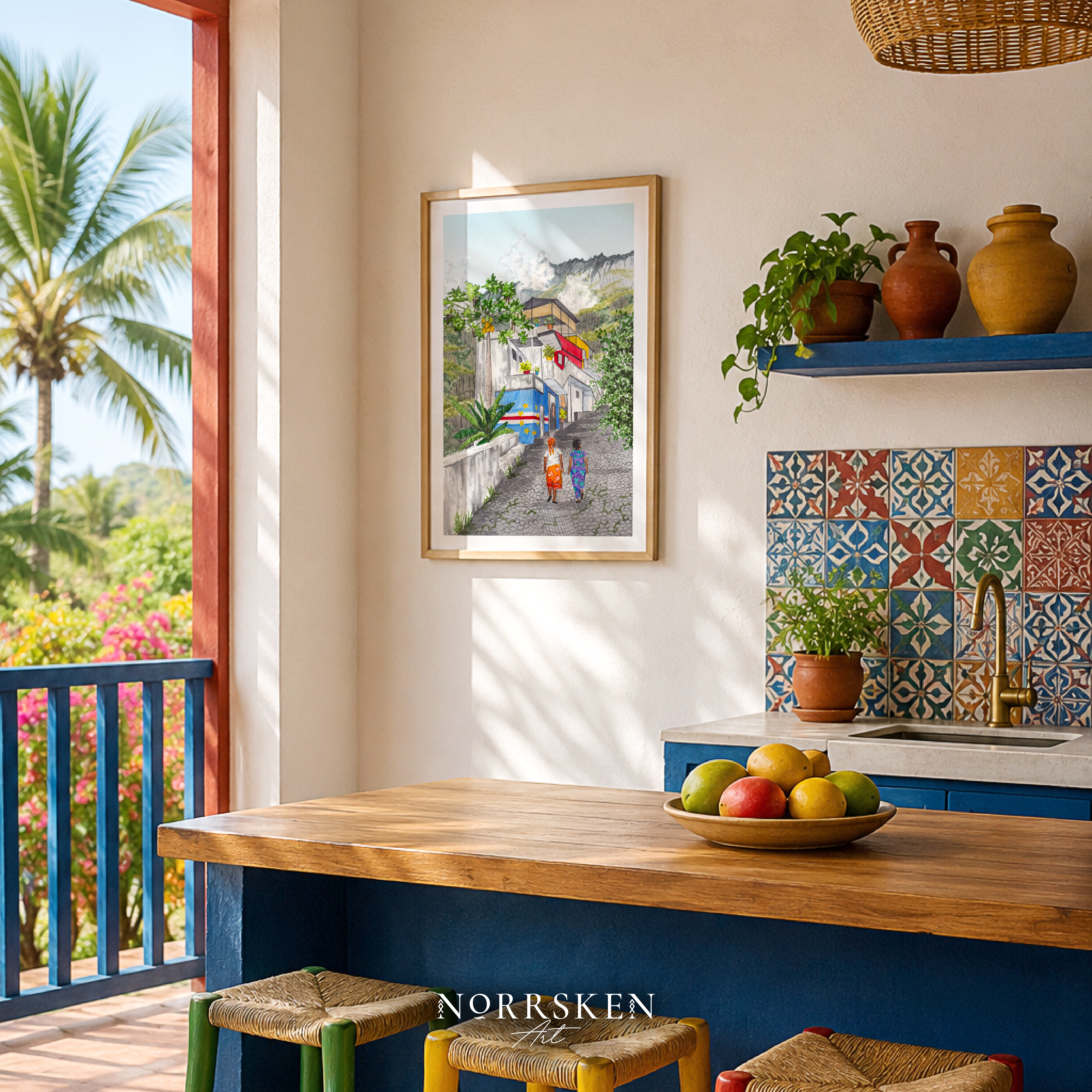 Santo Antão Watercolor Landscape, Cape Verde Tropical Decor Framed Art Print