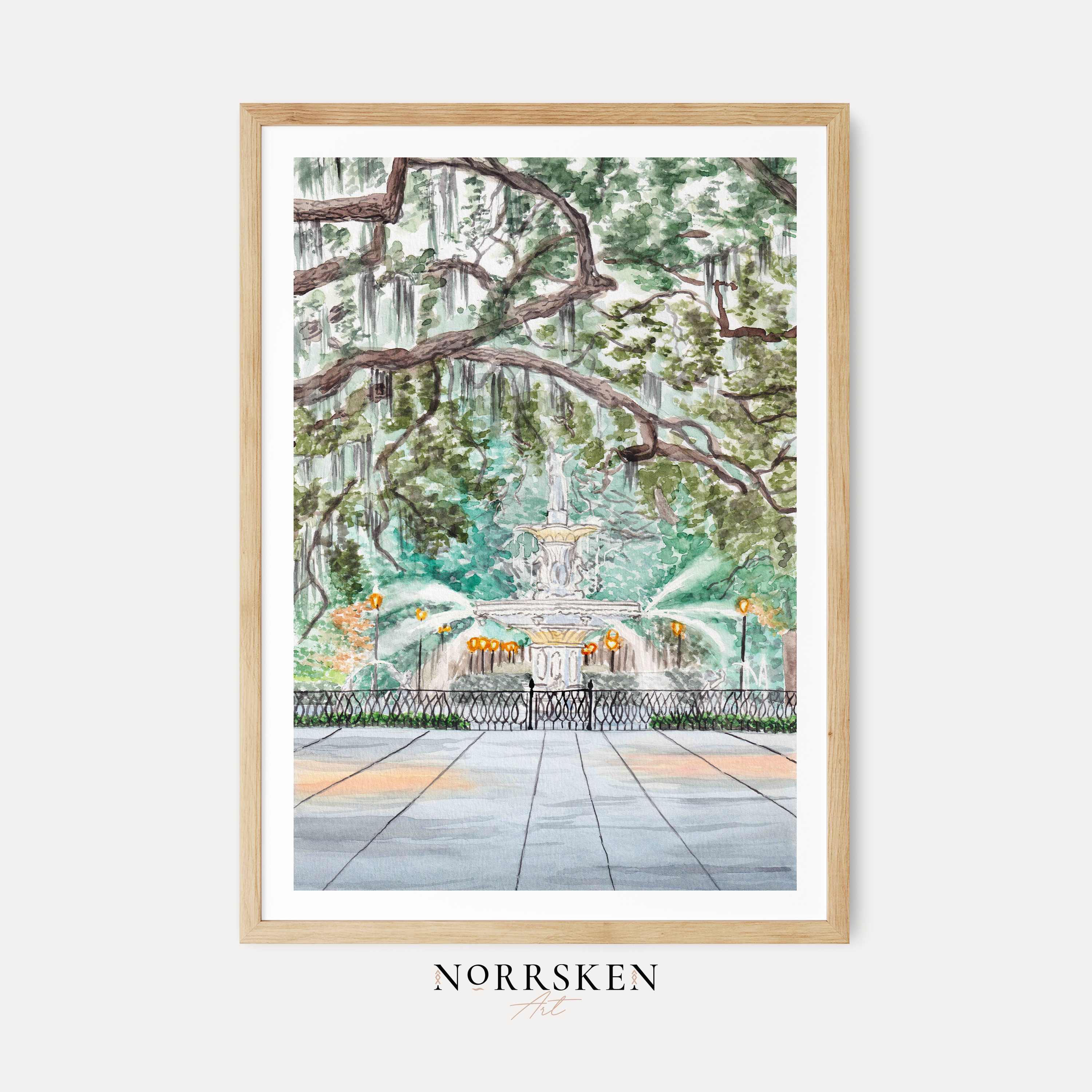 Forsyth Park Fountain Savannah Watercolor Cityscape, Georgia Southern Framed Art Print