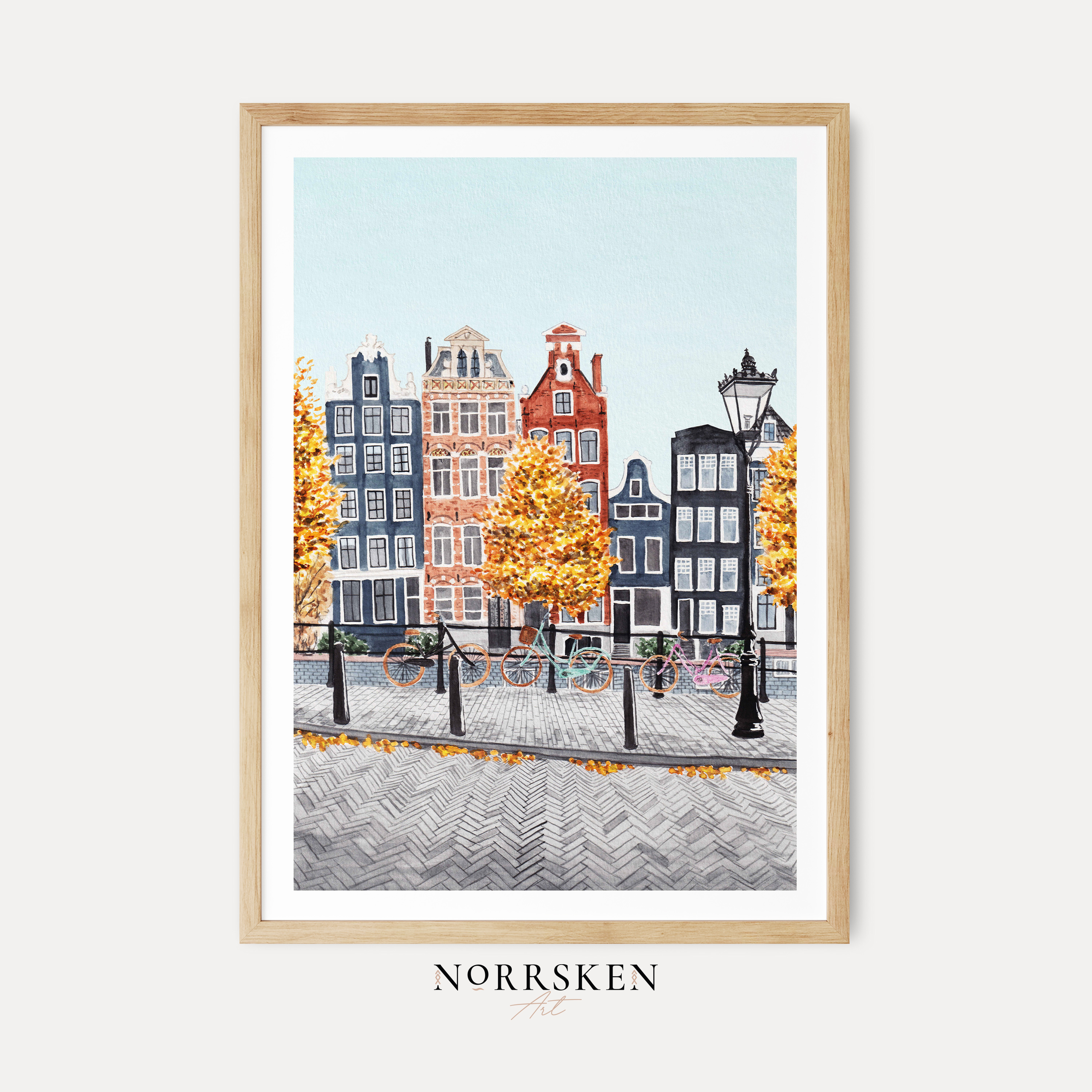 Amsterdam Watercolor Cityscape, Autumn in Netherlands Framed Art Print
