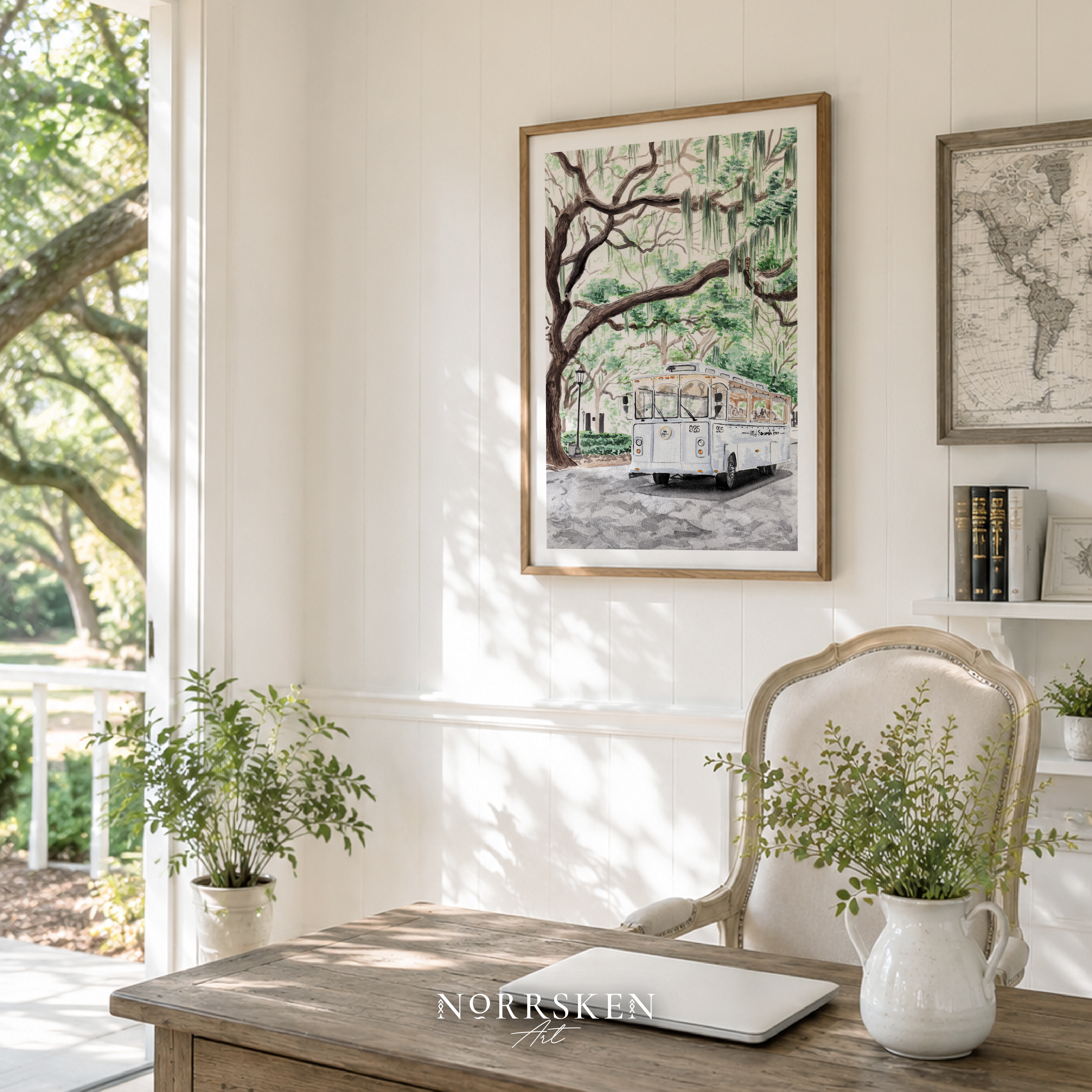 Savannah Watercolor Cityscape, Georgia Southern Framed Art Print