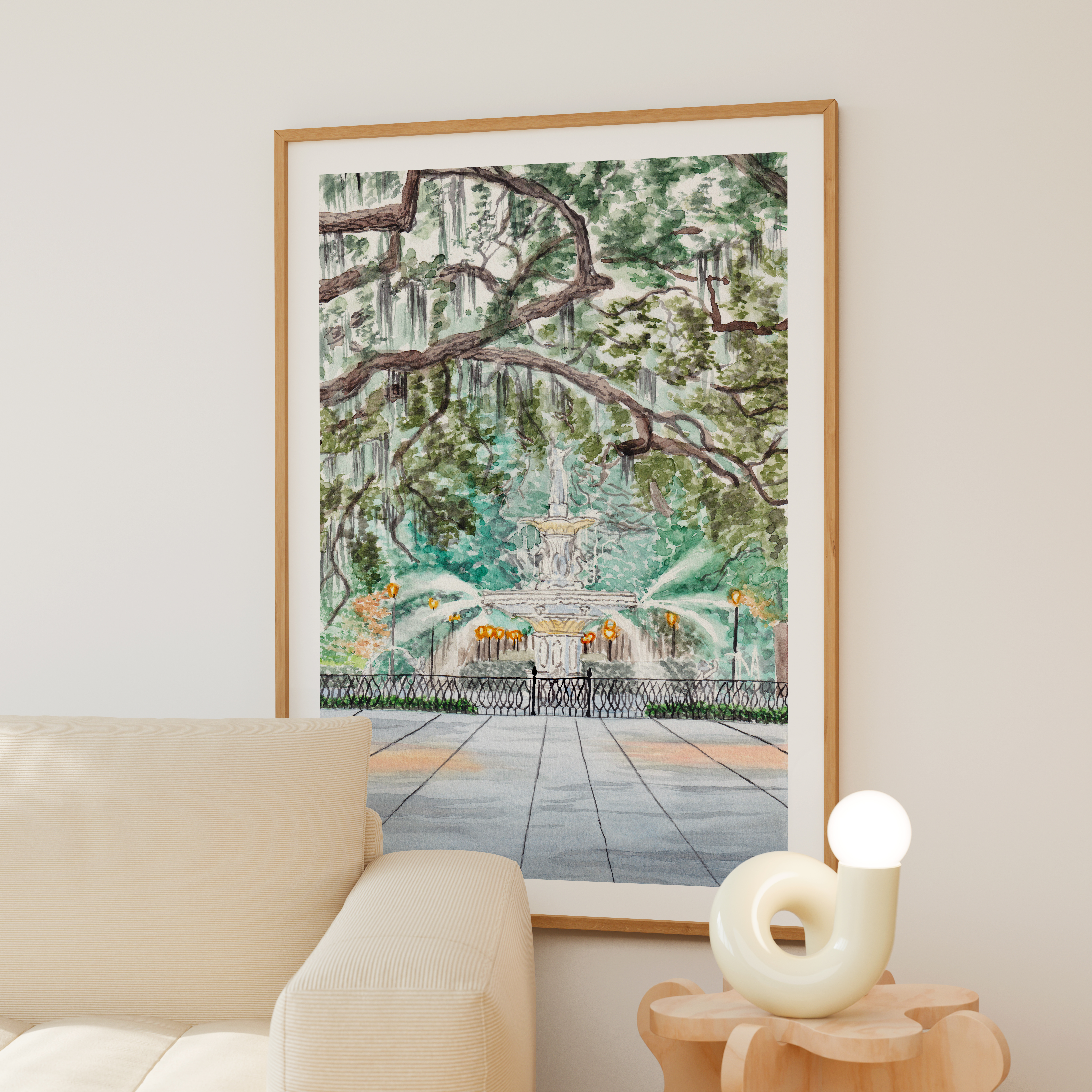 Forsyth Park Fountain Savannah Watercolor Cityscape, Georgia Southern Framed Art Print
