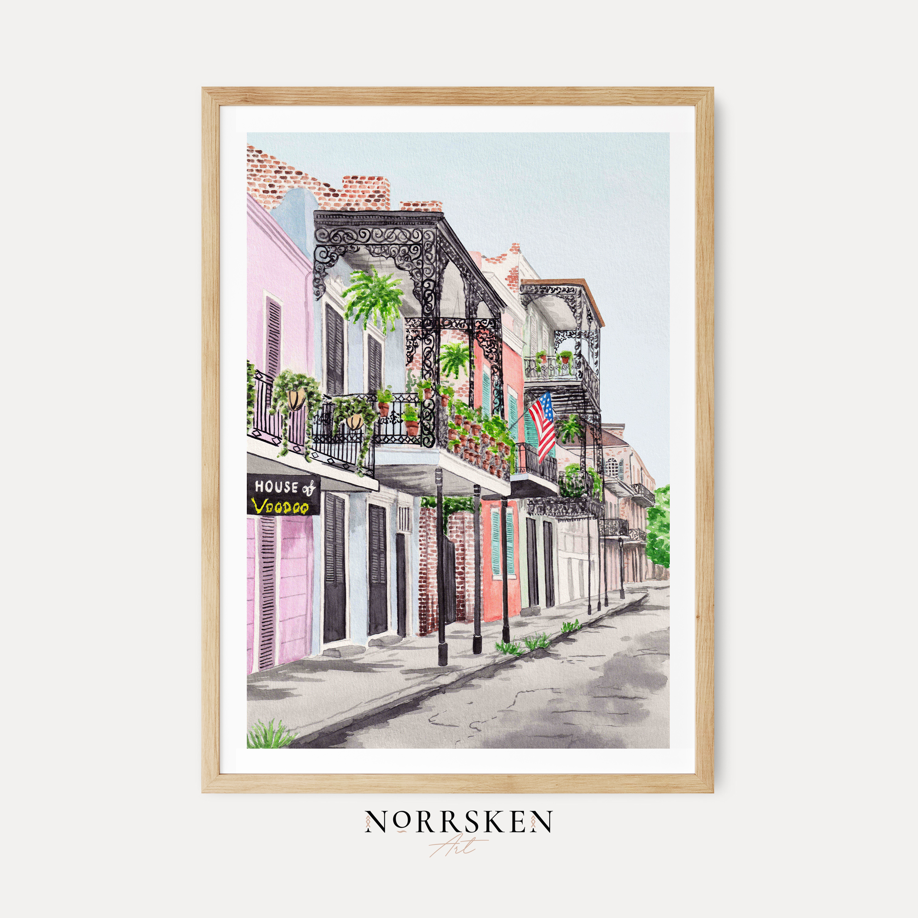 New Orleans French Quarter Watercolor Cityscape, Louisiana Framed Art Print