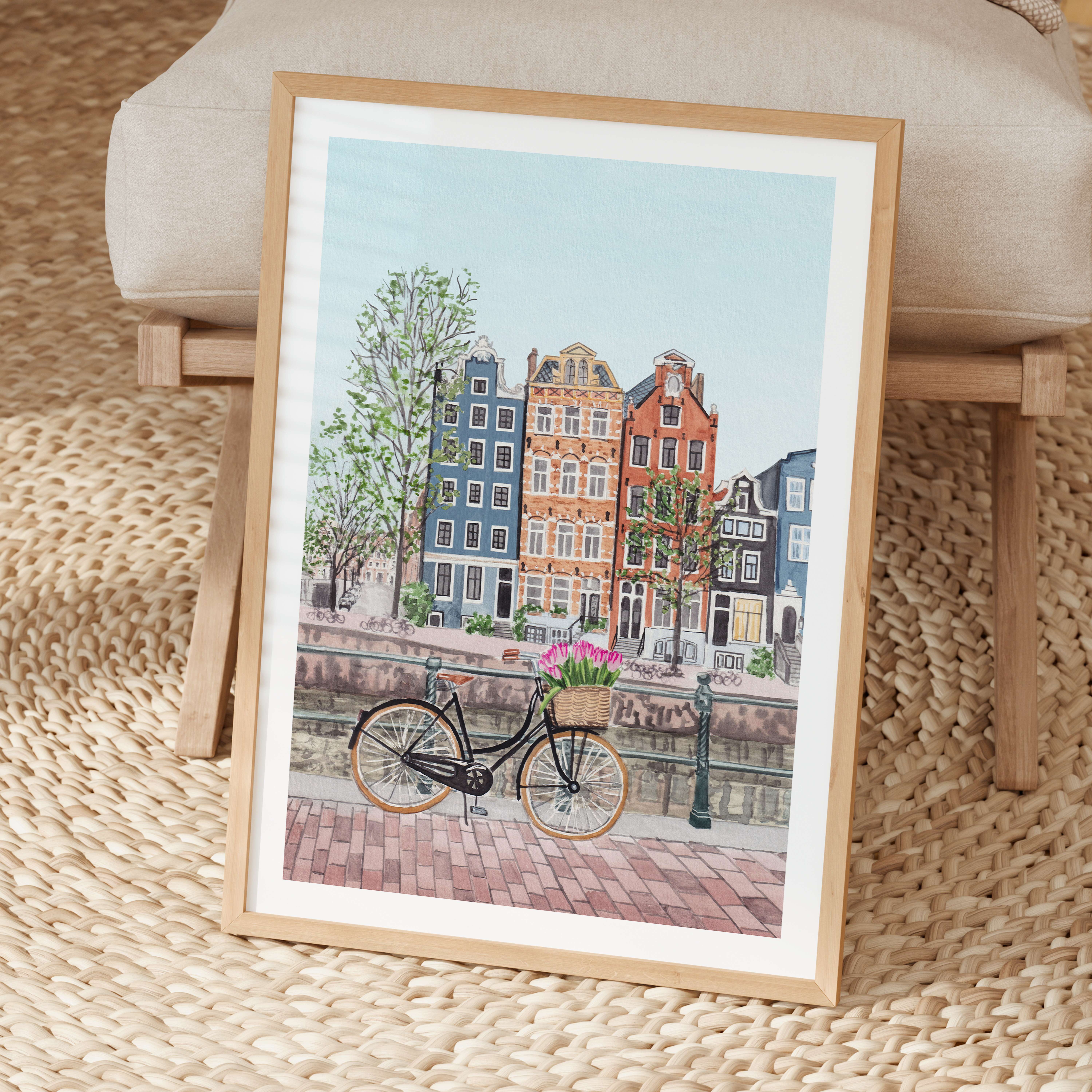 Amsterdam Watercolor Cityscape, Netherlands Dutch Canal Houses Framed Art Print