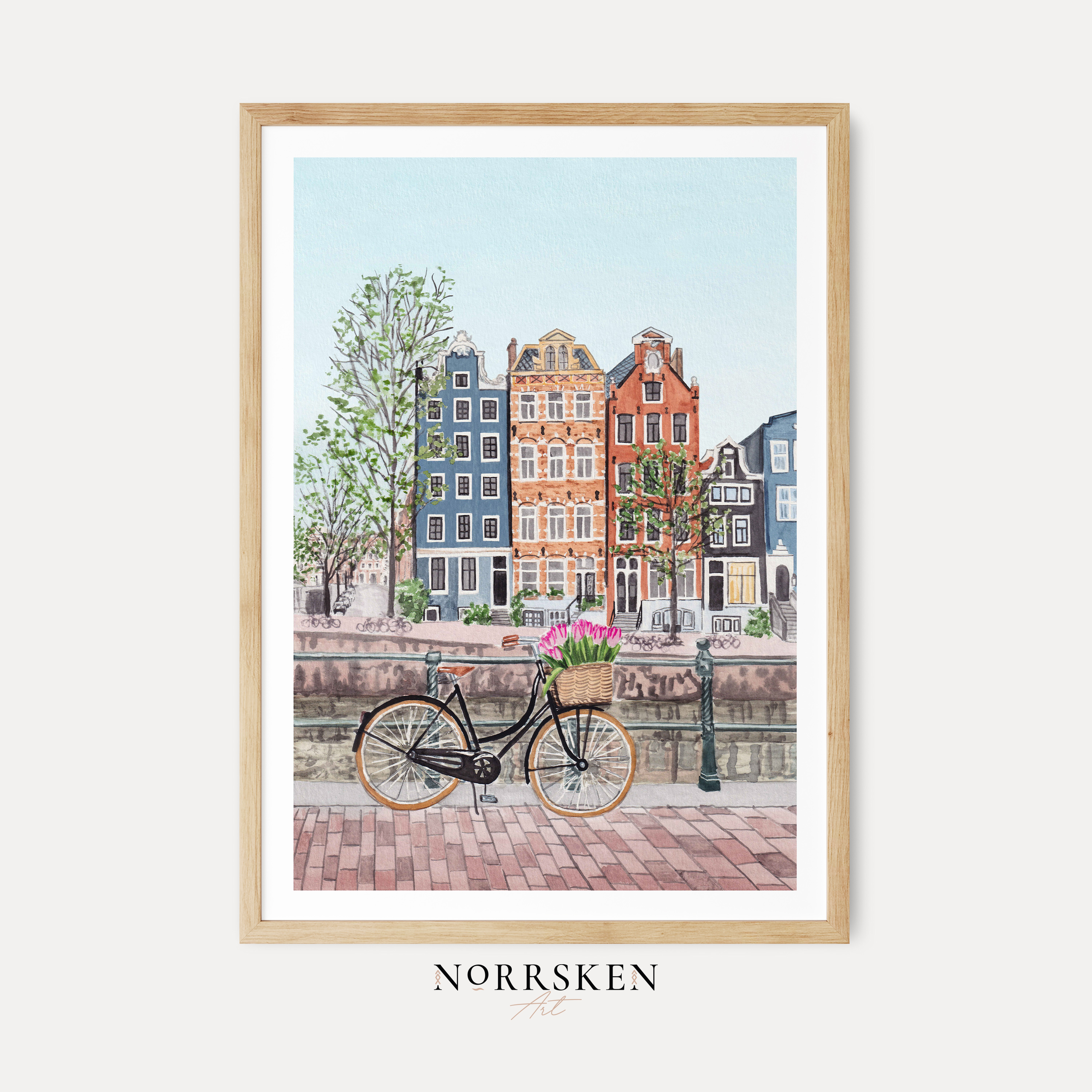 Amsterdam Watercolor Cityscape, Netherlands Dutch Canal Houses Framed Art Print