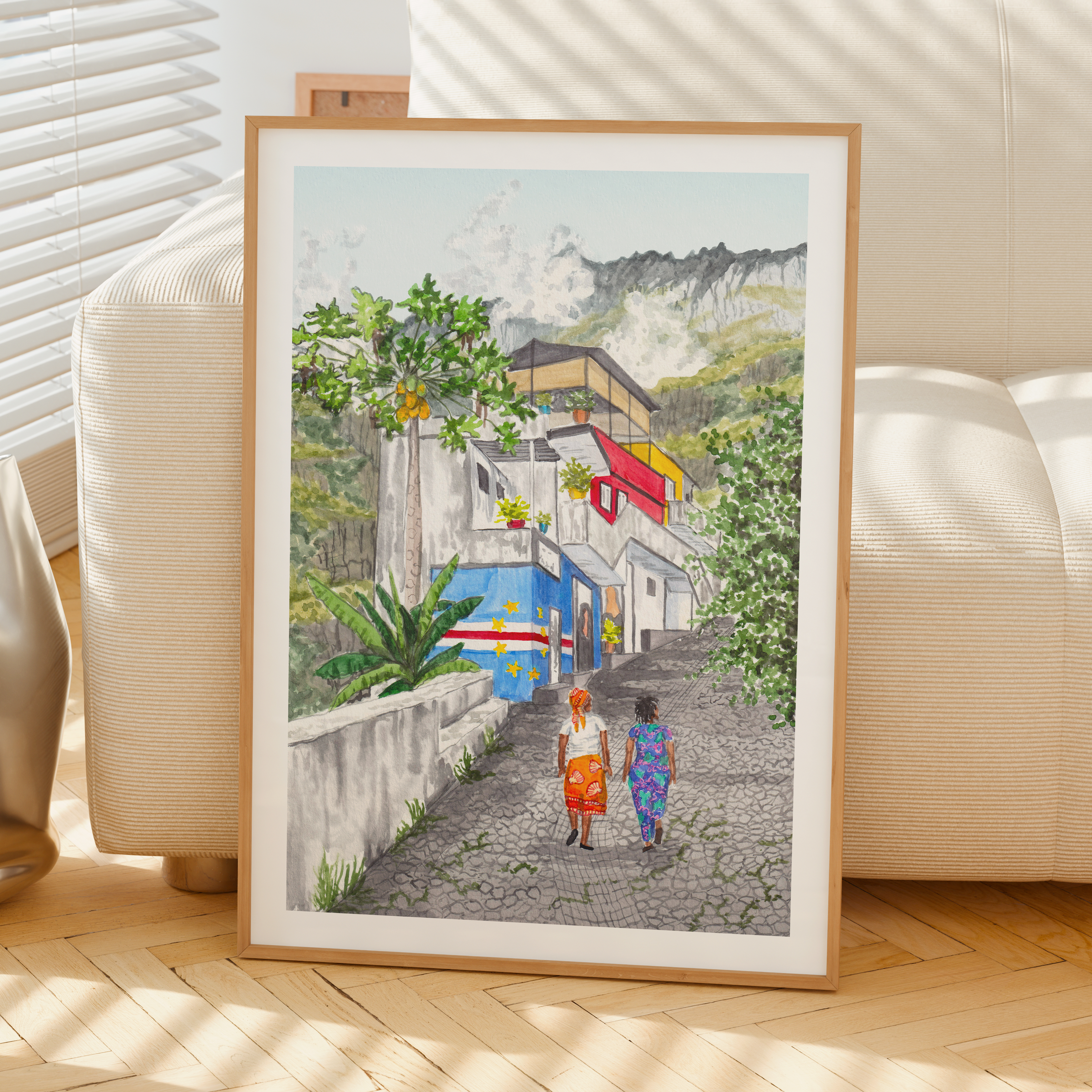Santo Antão Watercolor Landscape, Cape Verde Tropical Decor Framed Art Print