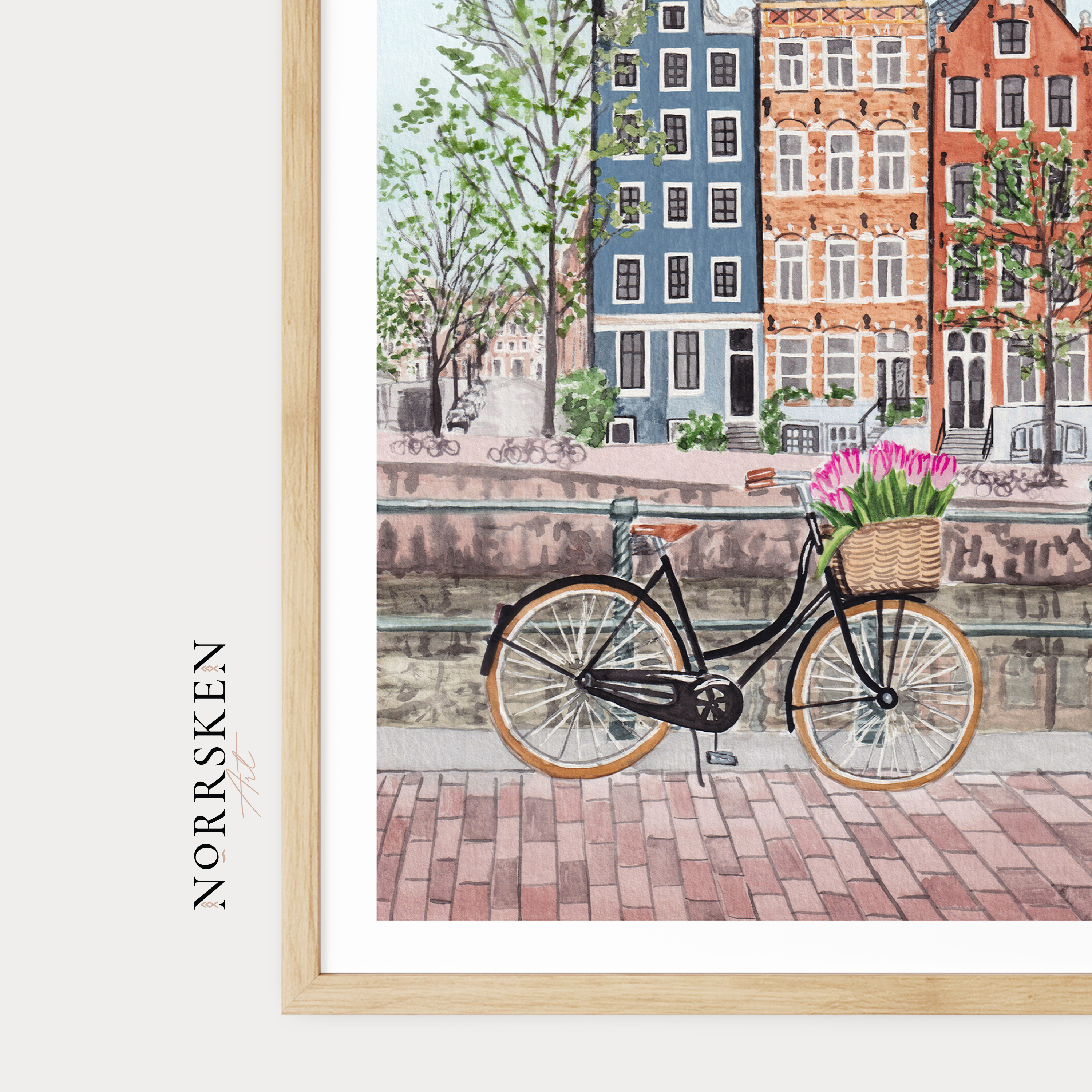 Amsterdam Watercolor Cityscape, Netherlands Dutch Canal Houses Framed Art Print