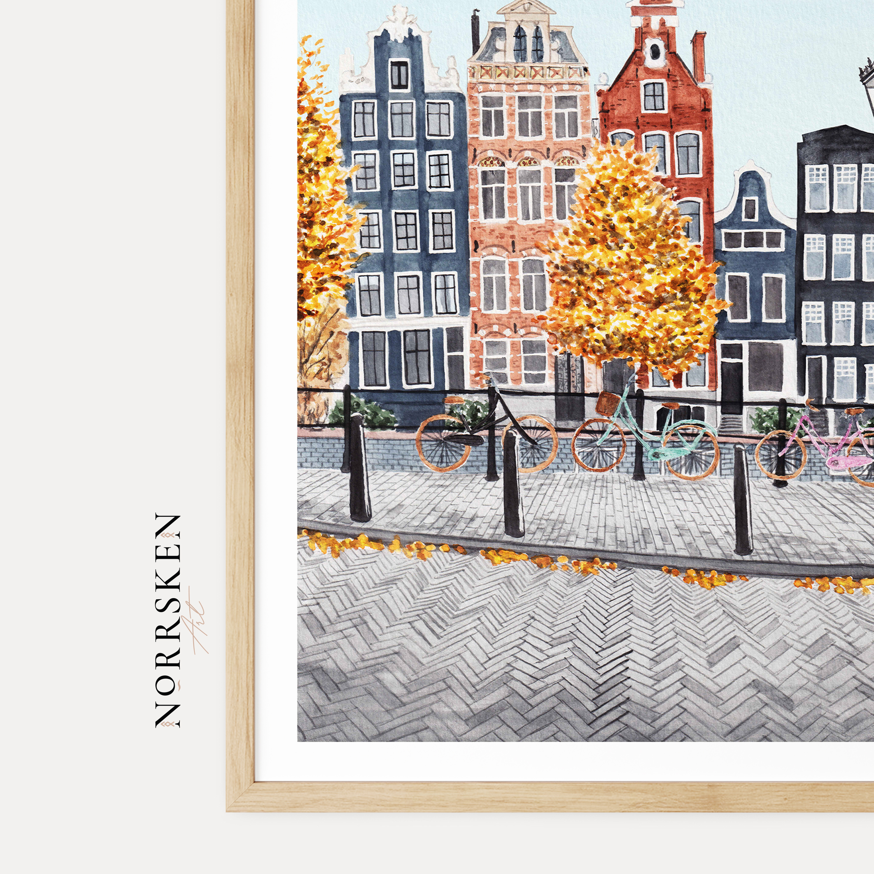 Amsterdam Watercolor Cityscape, Autumn in Netherlands Framed Art Print