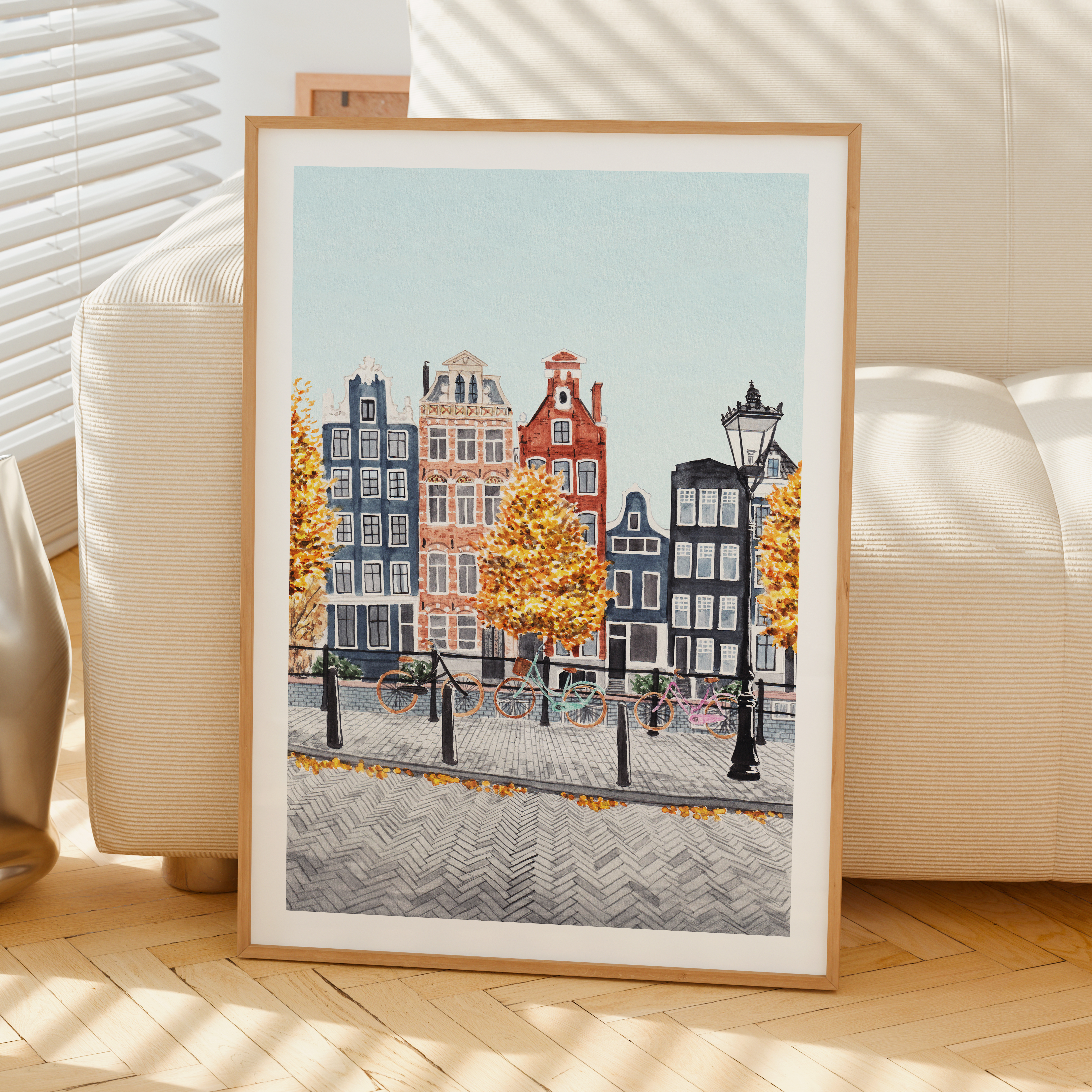 Amsterdam Watercolor Cityscape, Autumn in Netherlands Framed Art Print