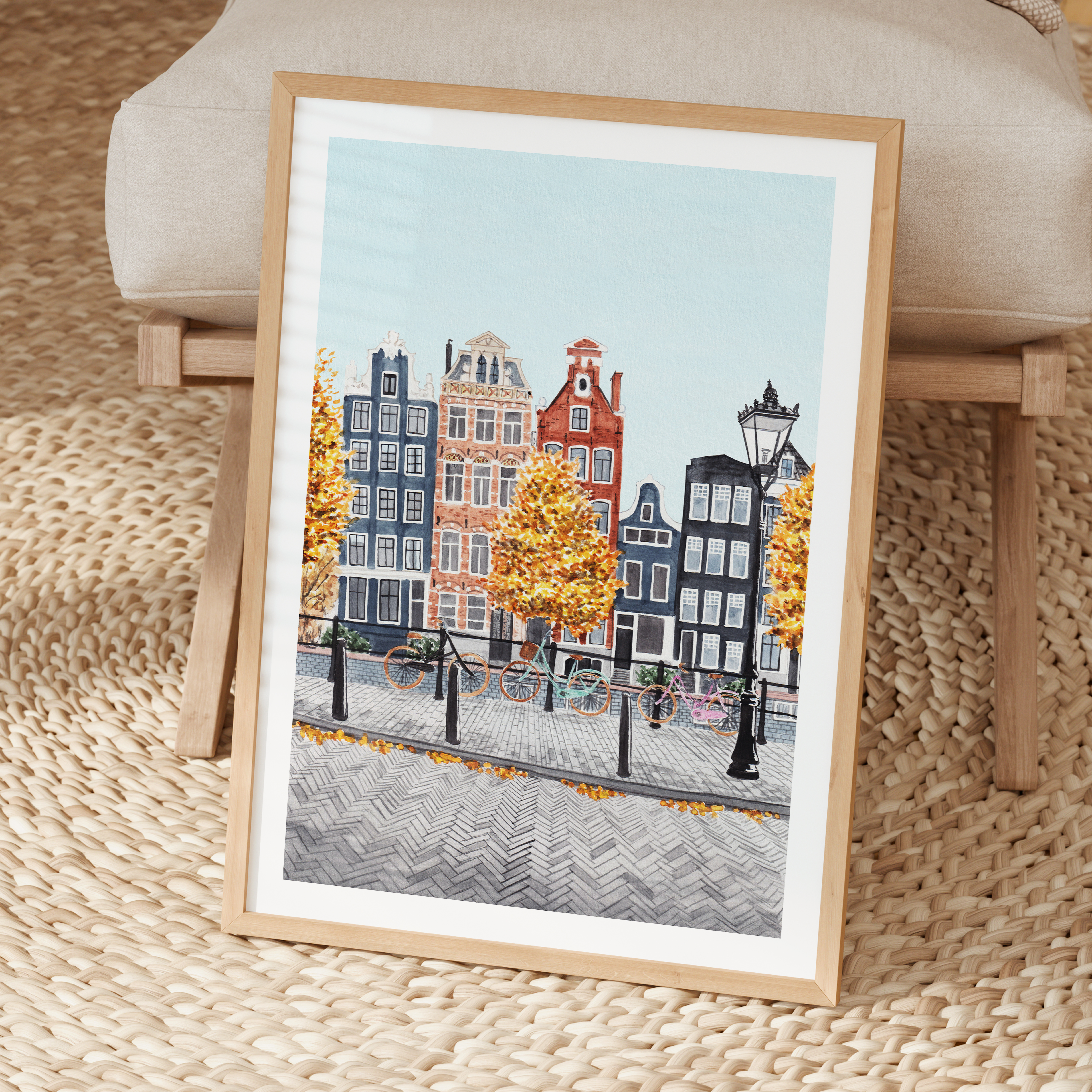 Amsterdam Watercolor Cityscape, Autumn in Netherlands Framed Art Print