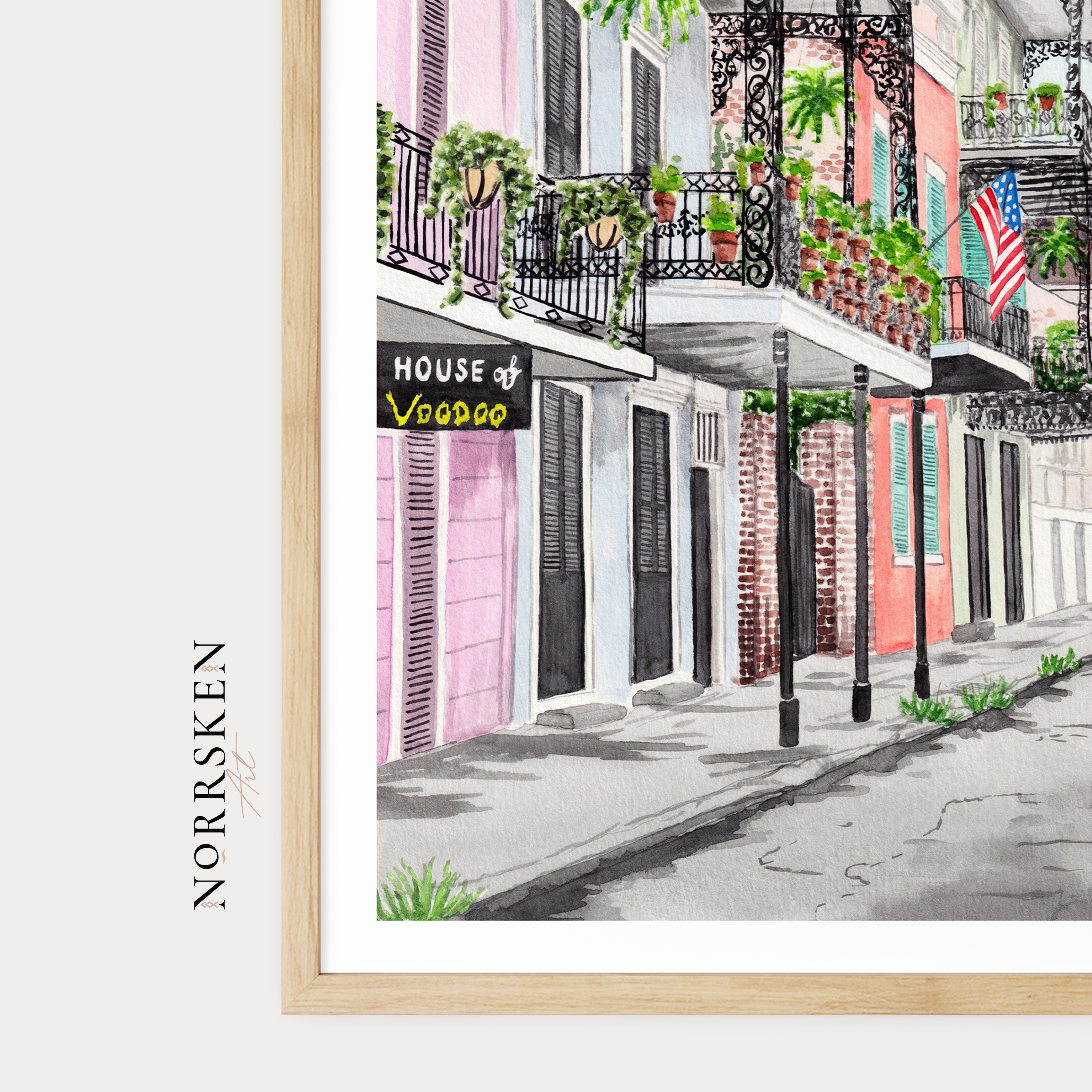 New Orleans French Quarter Watercolor Cityscape, Louisiana Framed Art Print