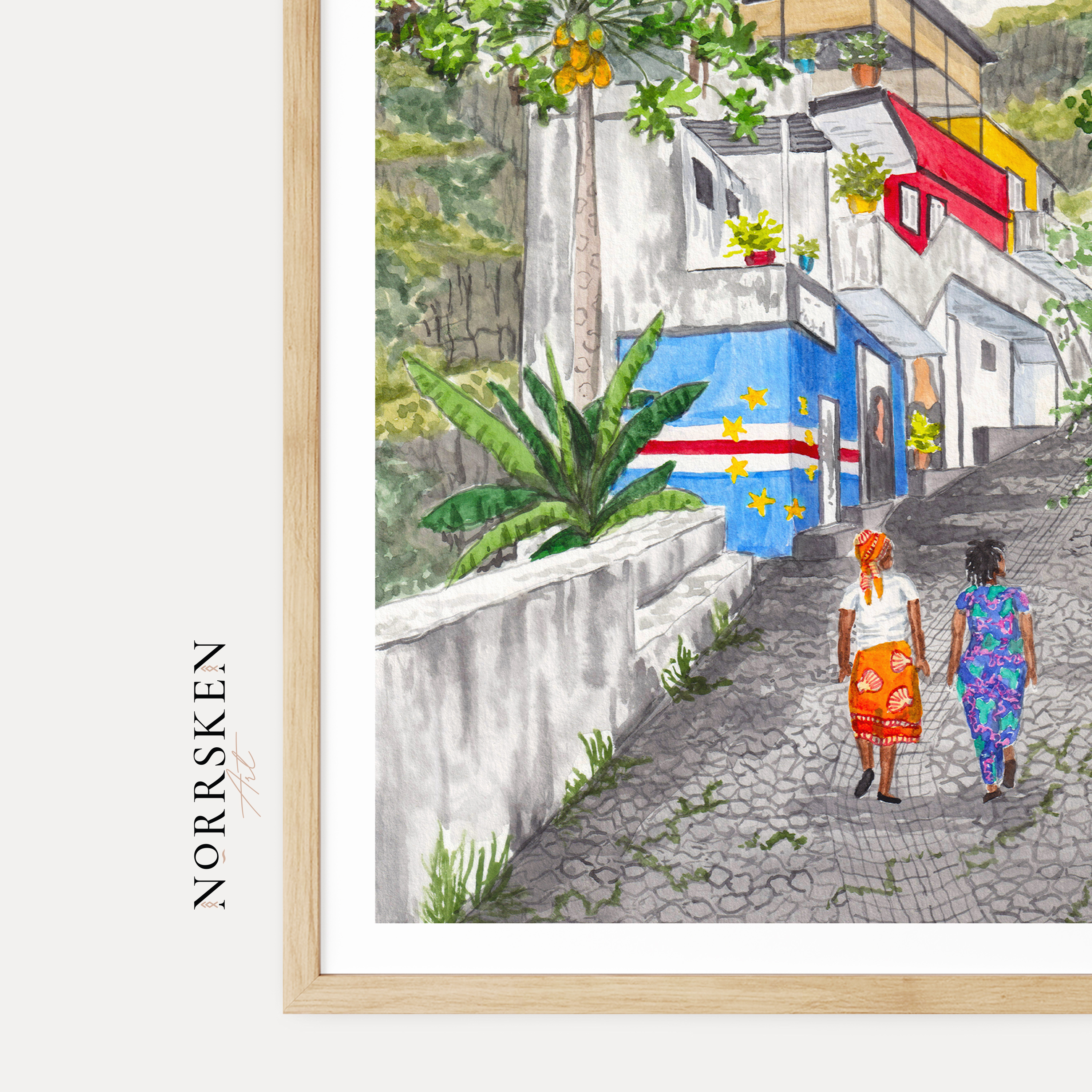 Santo Antão Watercolor Landscape, Cape Verde Tropical Decor Framed Art Print