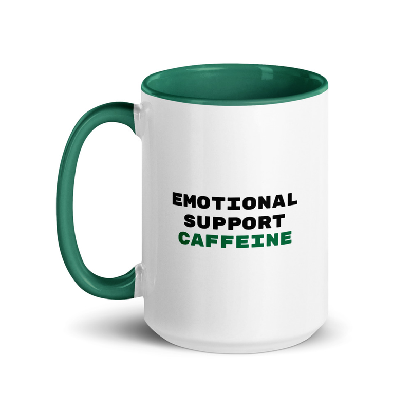 Emotional Support Caffeine (Front), Washburn CHAOS Lab Logo (Back), Mug with Color Green Inside