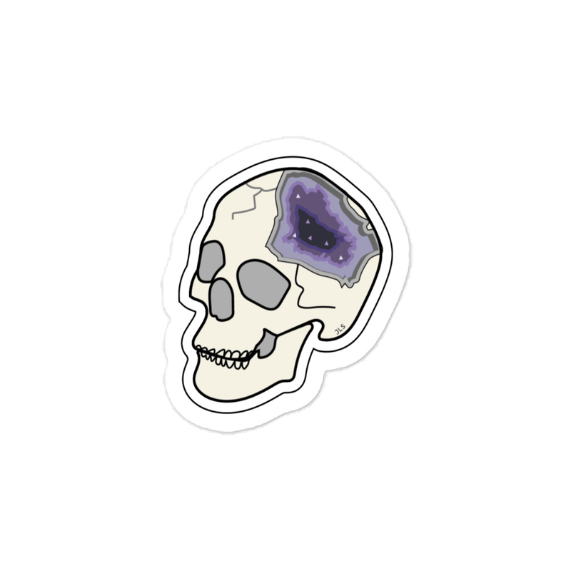 Kiss-cut vinyl decals: Skull Geode designed by student June Lennox Stone