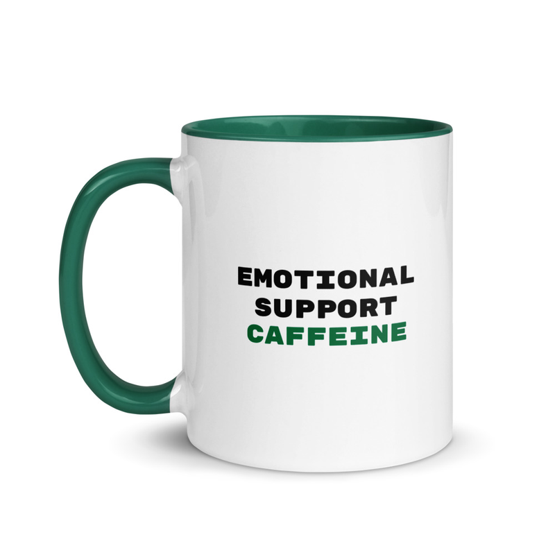 Emotional Support Caffeine (Front), Washburn CHAOS Lab Logo (Back), Mug with Color Green Inside