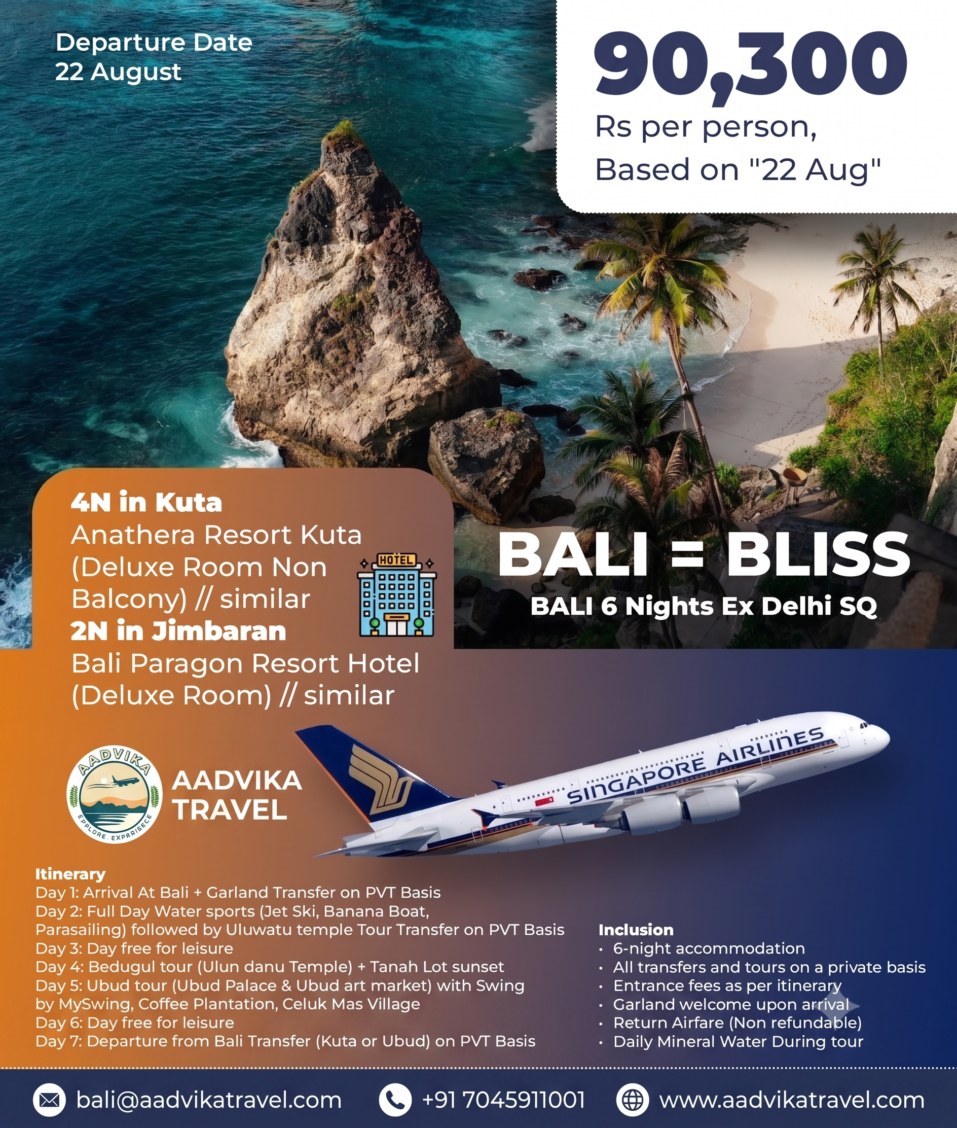 Bali Bliss Vacation - 6 Nights Ex Delhi Singapore Airlines