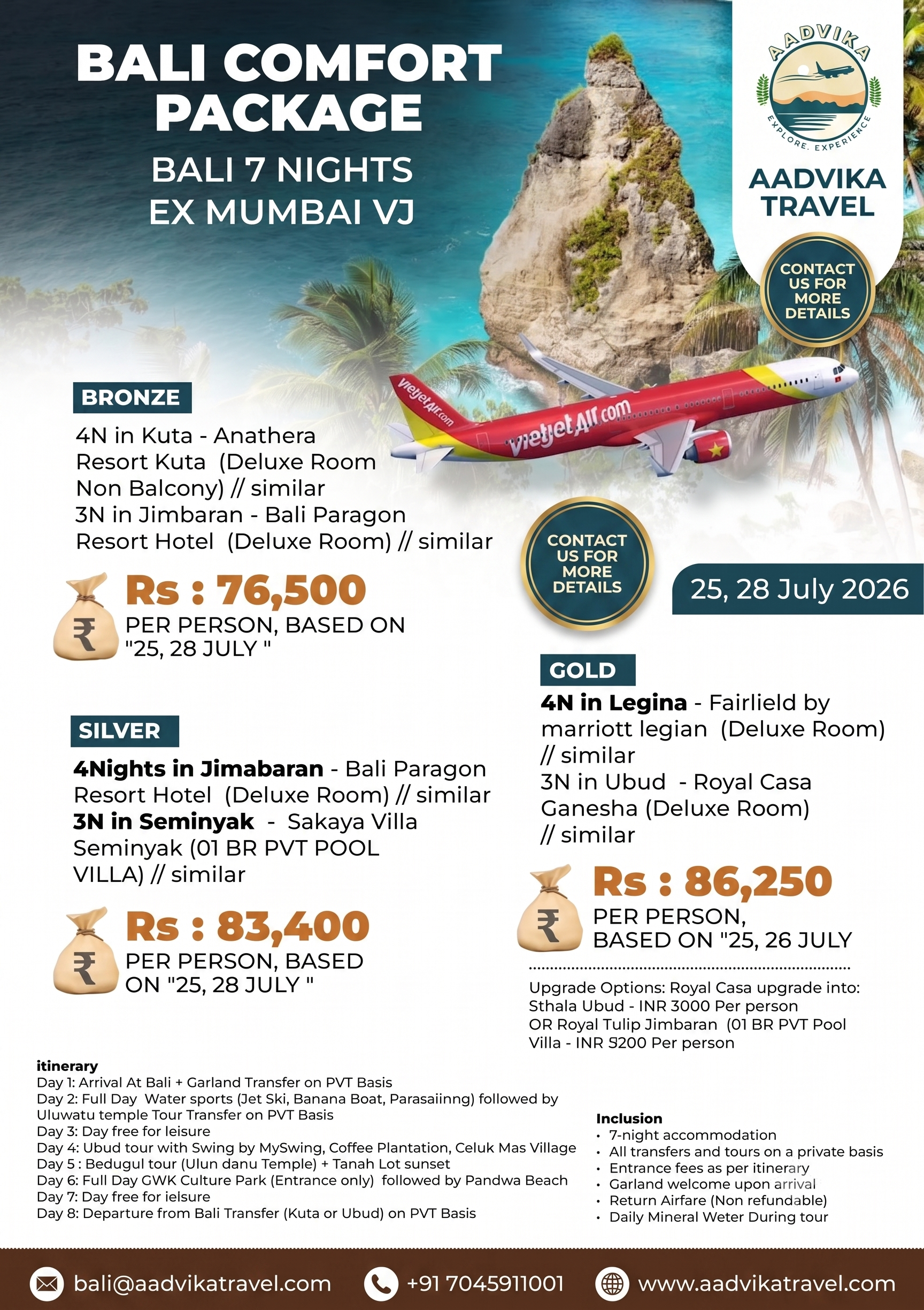 Bali Comfort Package - 7 Nights Ex Mumbai Vietjet July Departures