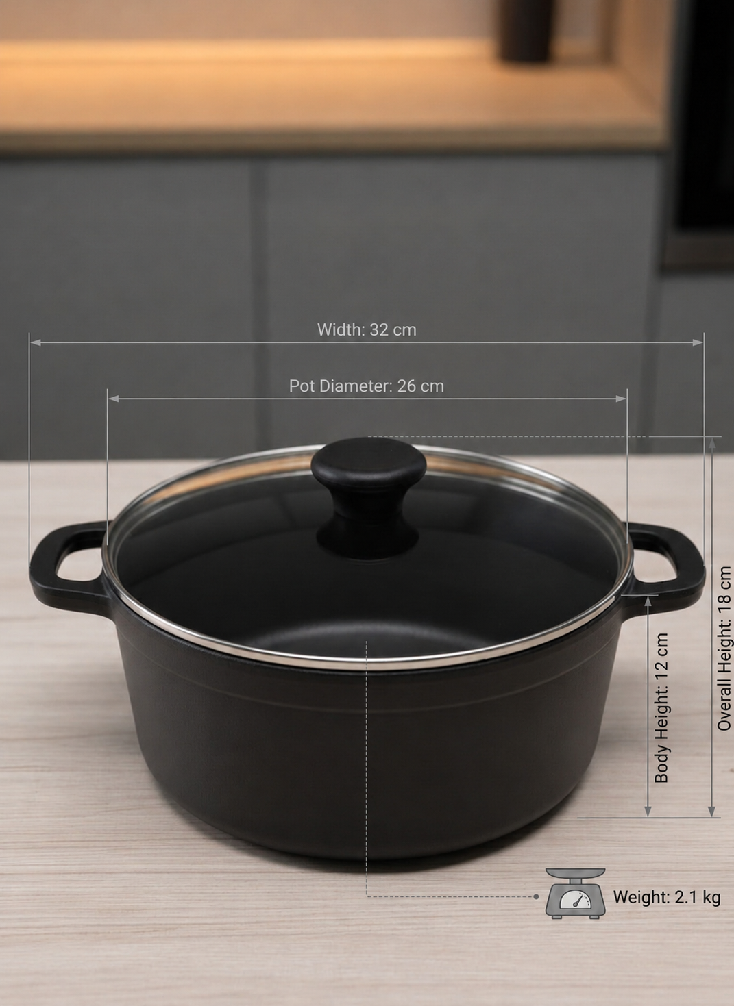 SKUAS Cast Iron Non-Stick Cooking Pot with Glass Lid  | Sauce Pan with Glass Lid (Black)
