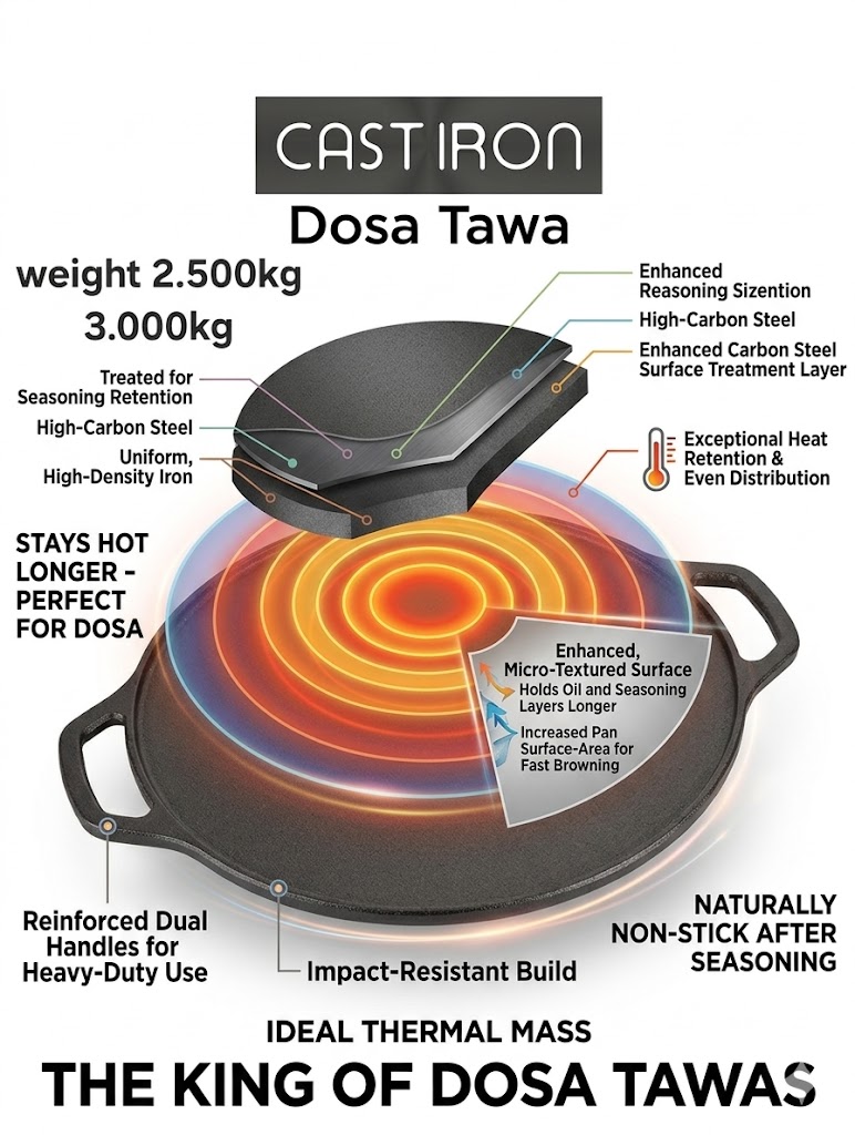 Cast Iron Roti Tawa| Pre-Seasoned Cast Iron Dosa Tawa 30 cm | Chemical-Free, Naturally Non-Stick Pan (Cast Iron Tawa)