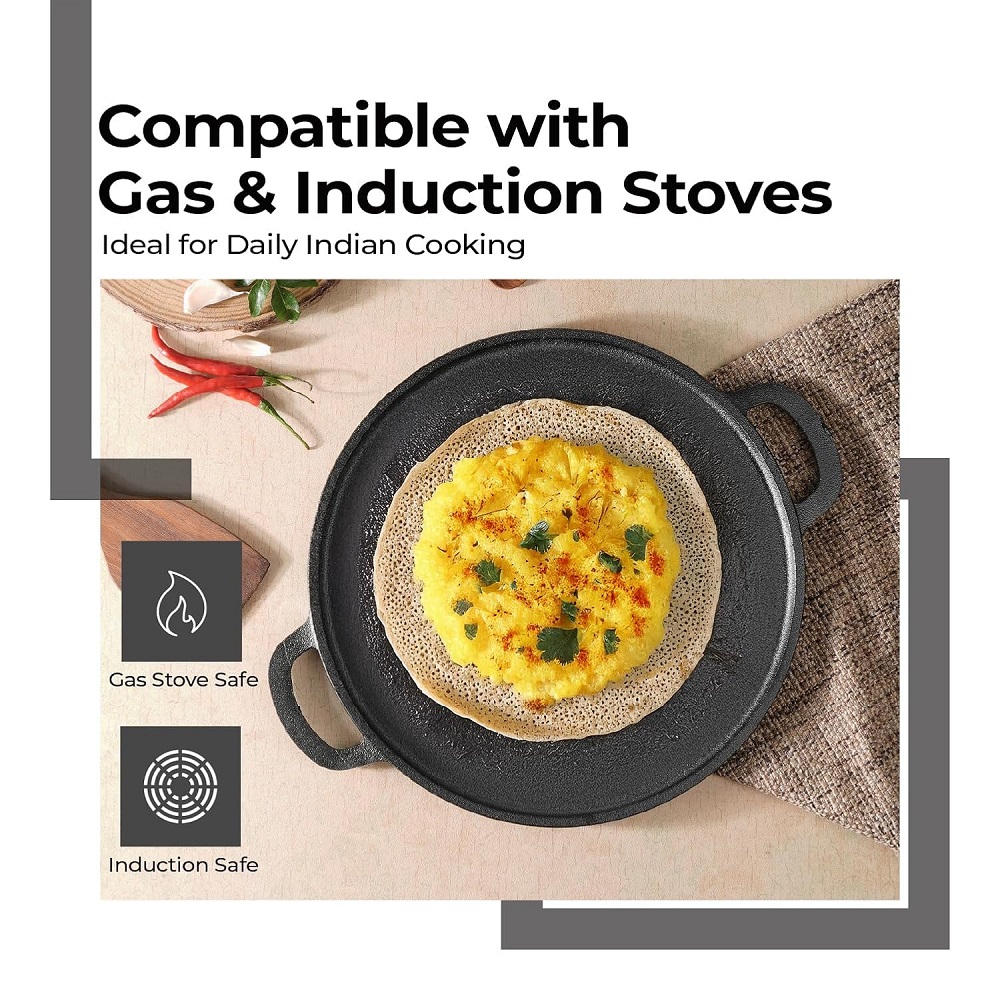 Cast Iron Roti Tawa| Pre-Seasoned Cast Iron Dosa Tawa 30 cm | Chemical-Free, Naturally Non-Stick Pan (Cast Iron Tawa)