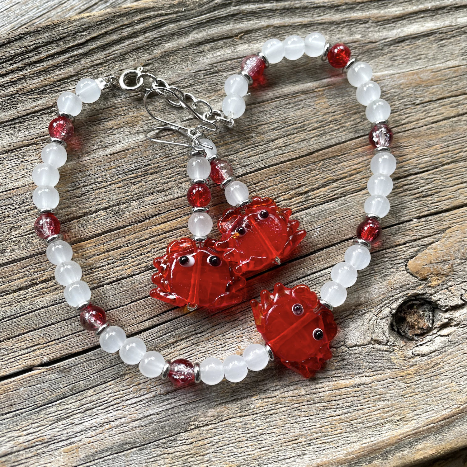 Red Crab Glass Beaded Anklet & Earrings - Sold Separately 