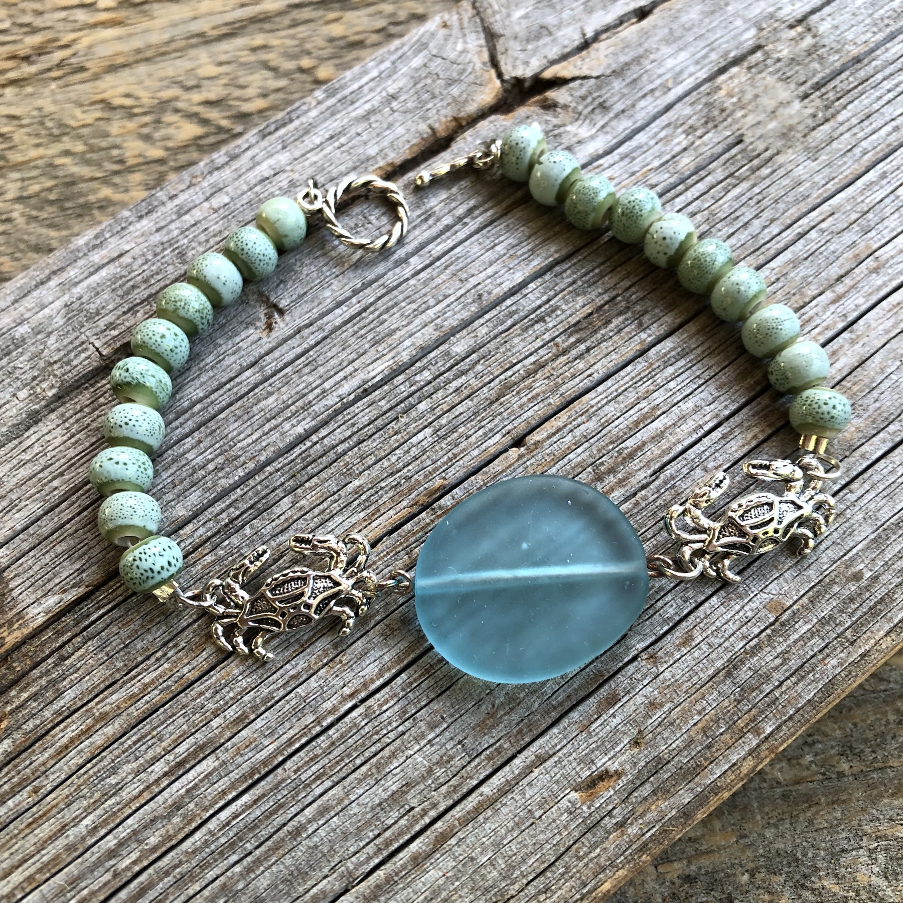 Aqua Glass Bead & Crab Bracelet/Anklet