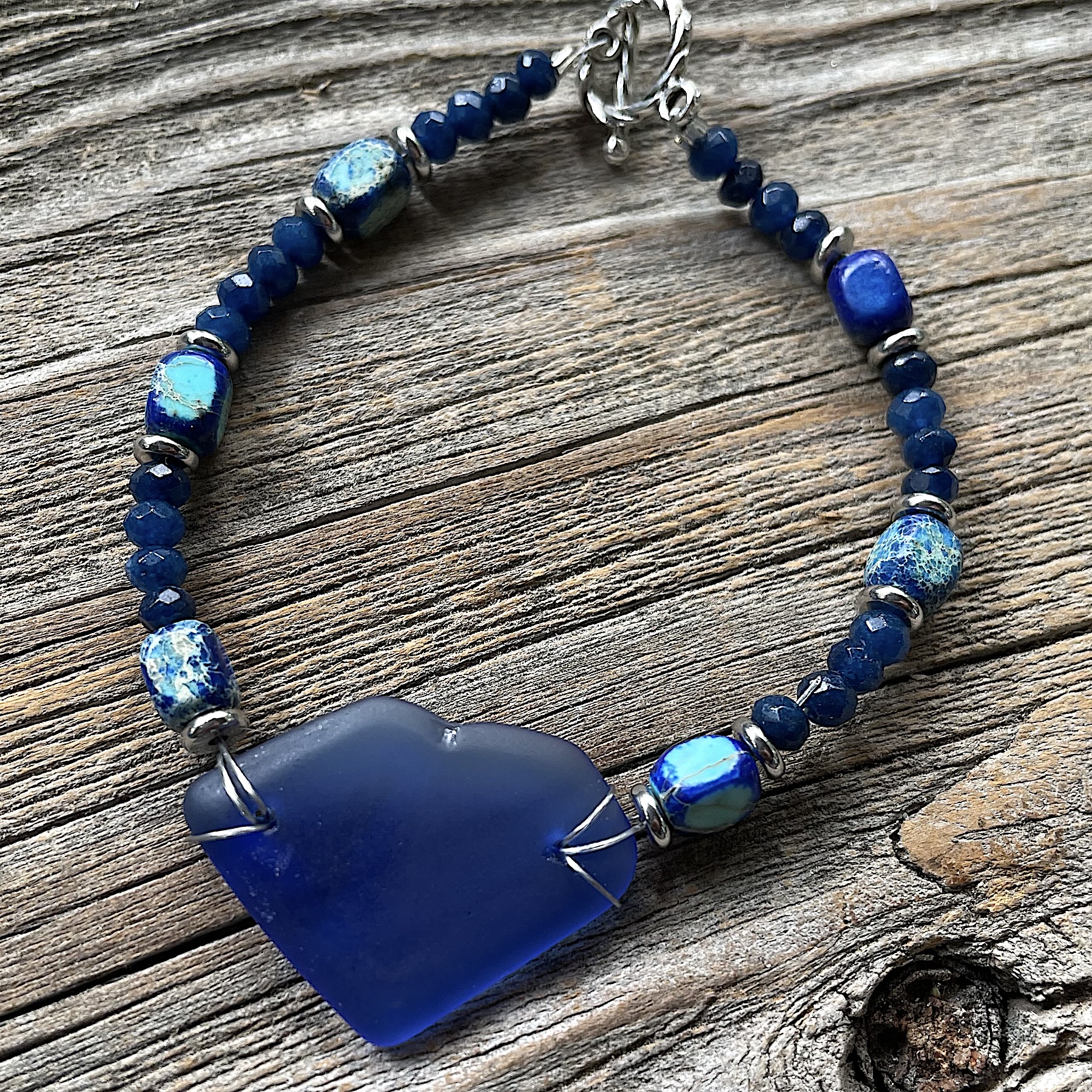 Blue Sea Glass & Sediment Jasper Bracelet