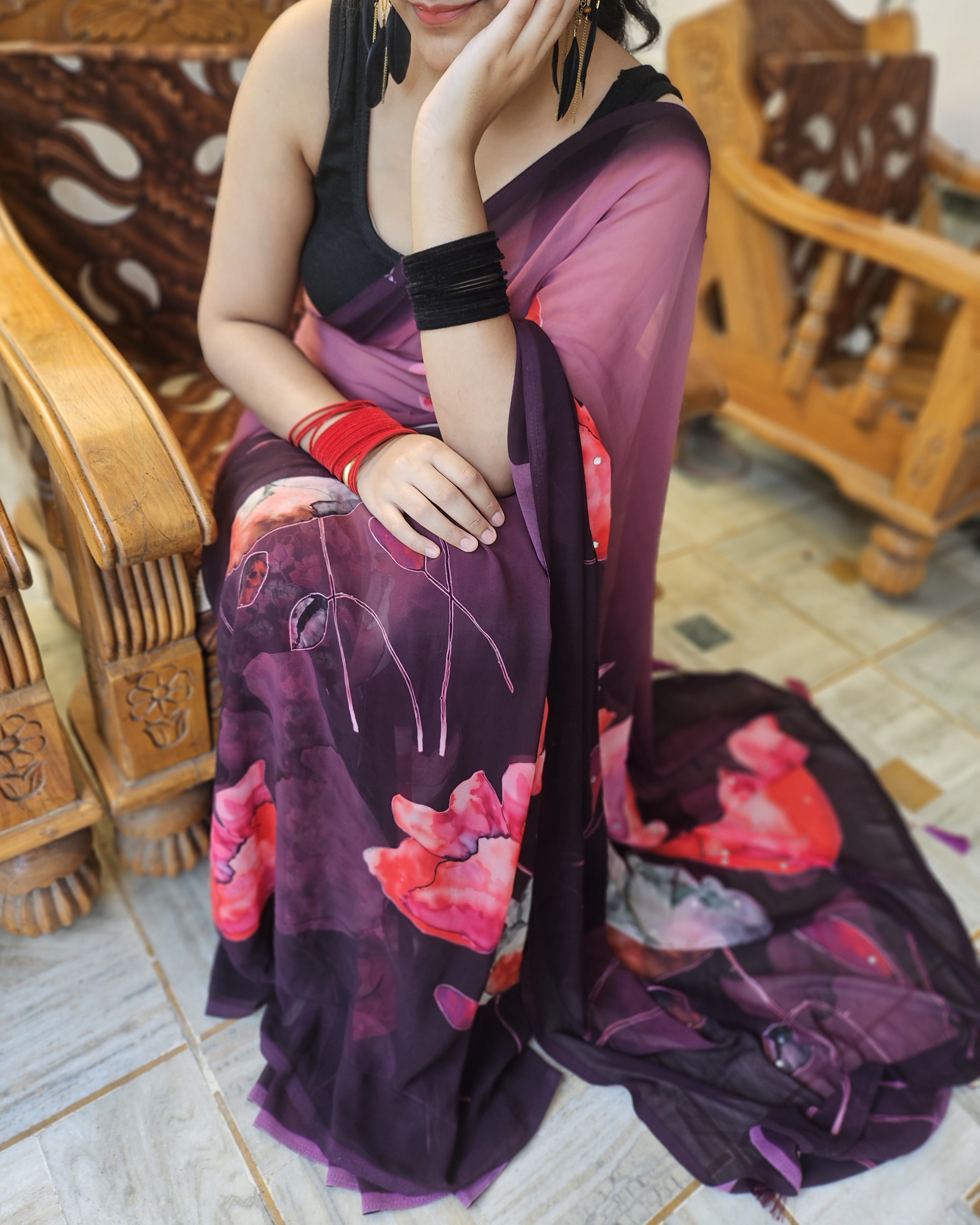 Digital Floral Mirror Work  Georgette 