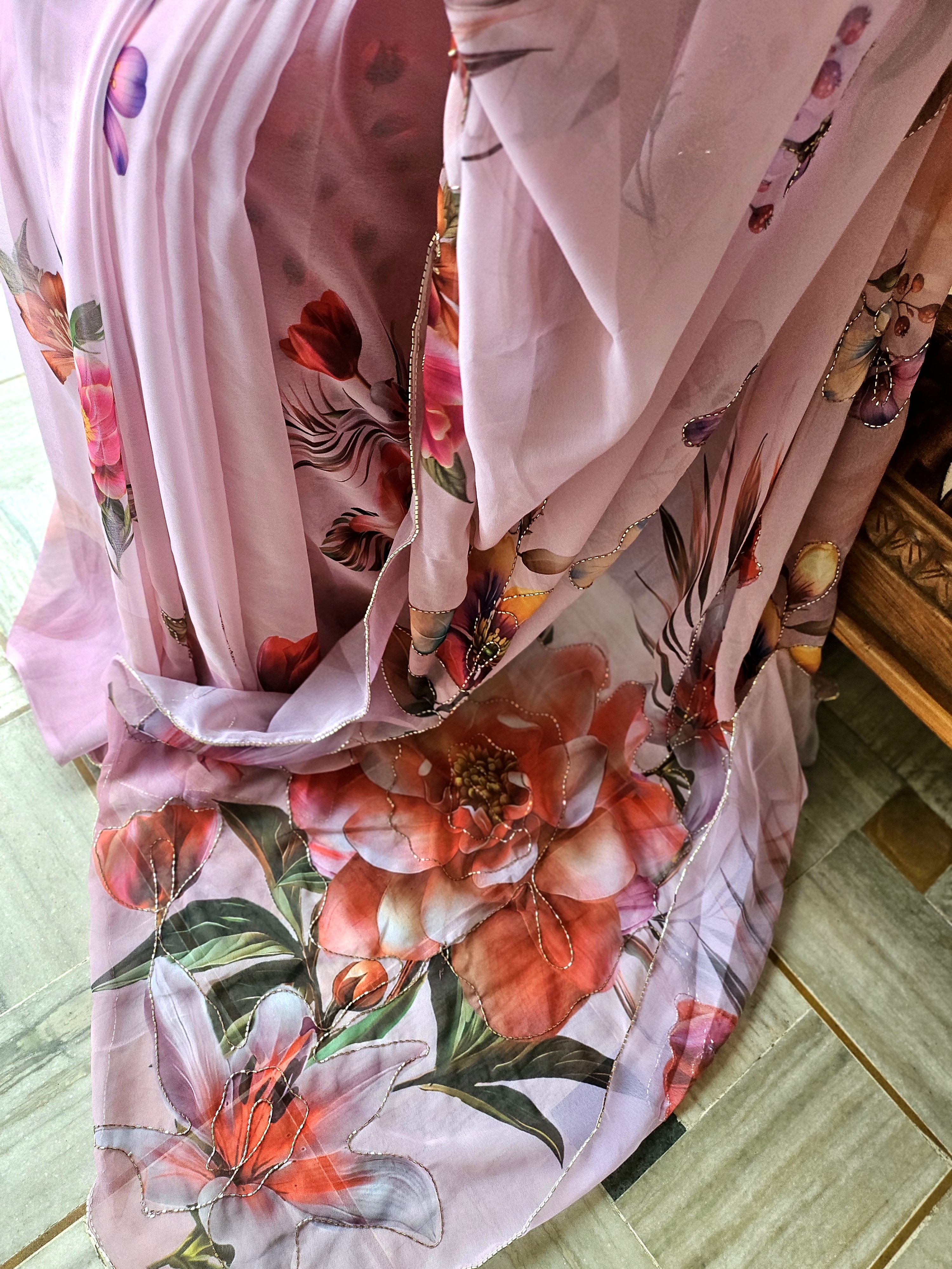 Digital Floral Handwork Georgette 