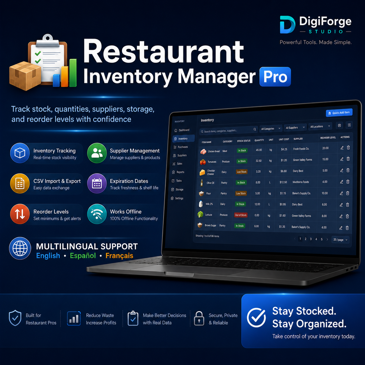 Restaurant Inventory Manager Pro | English • Español • Français | Offline Windows App, Stock, Waste & Reports