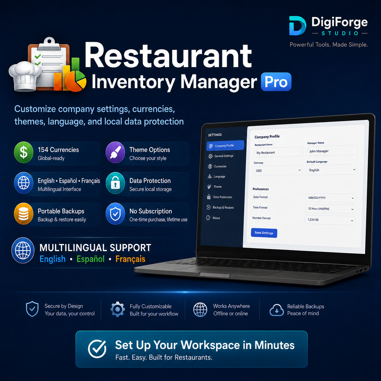 Restaurant Inventory Manager Pro | English • Español • Français | Offline Windows App, Stock, Waste & Reports