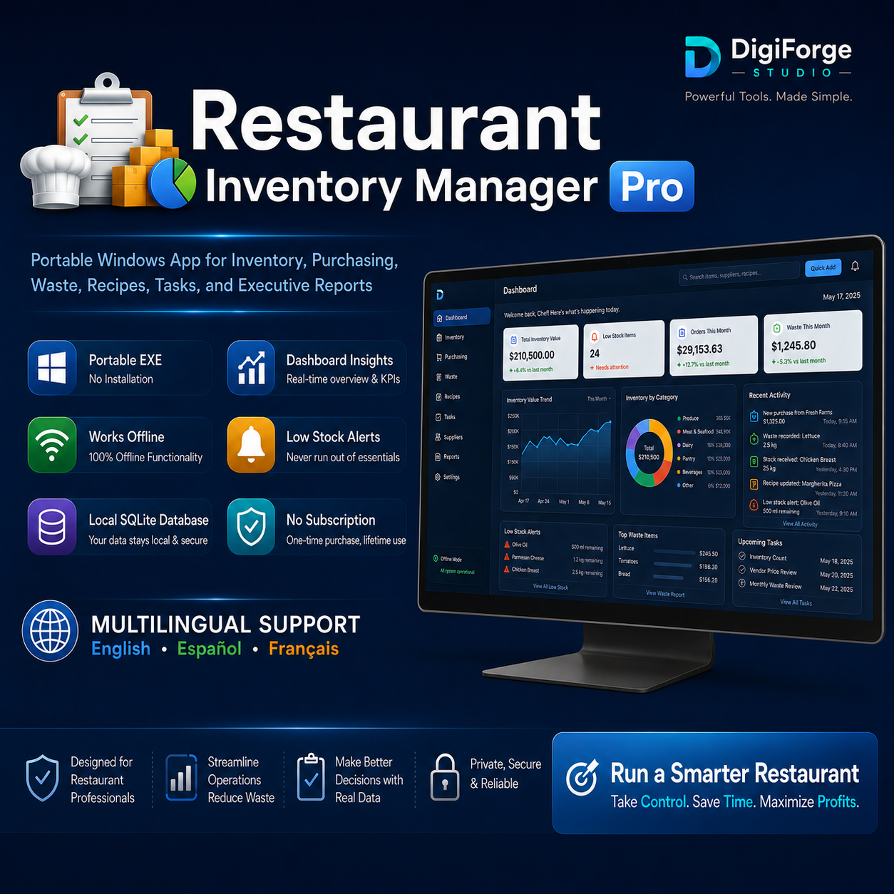 Restaurant Inventory Manager Pro | English • Español • Français | Offline Windows App, Stock, Waste & Reports