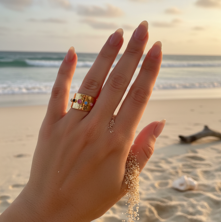 Bague dorée avec pierres colorées