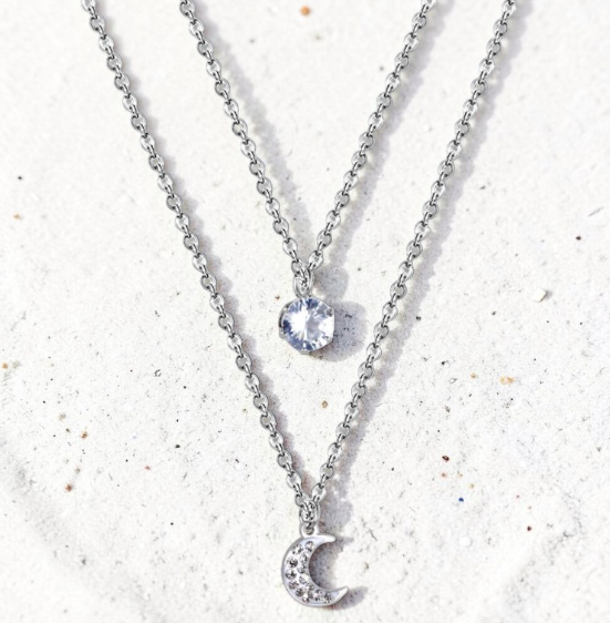 Collier double pendentif lune et cristal