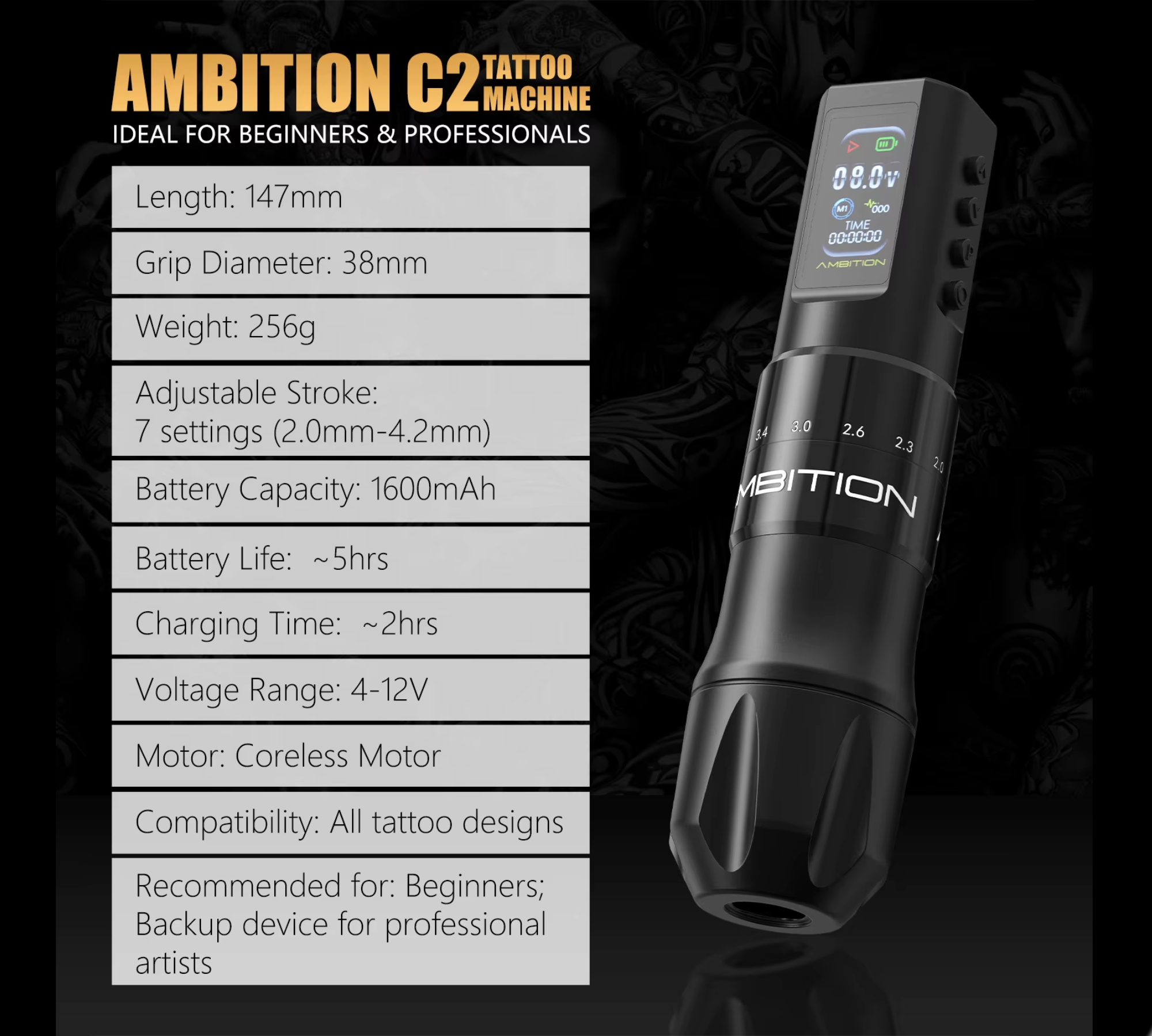 Maquina Pen Ambition Flip Tattoo Sem Fio com Bateria Integrada e Ajuste de Curso