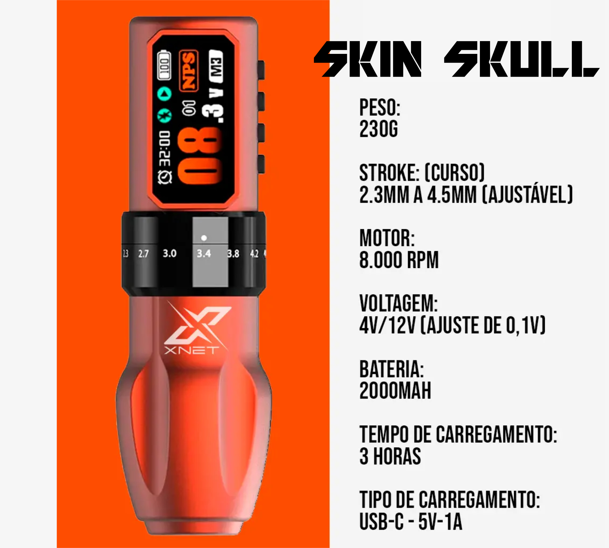 Máquina de Tatuagem Skin Skull sem fio com Ajuste de Curso Profissional