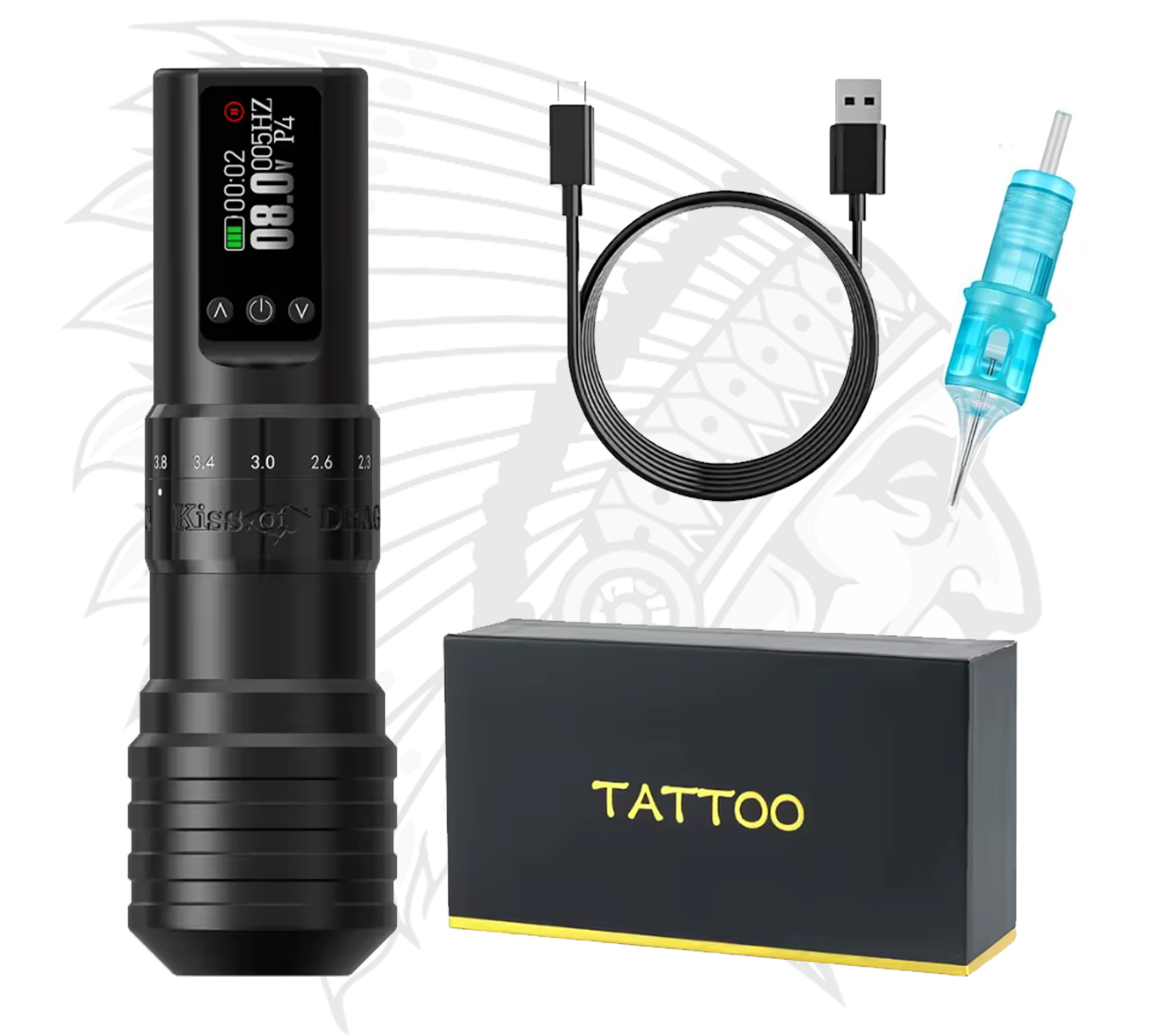 Máquina de Tatuagem Kiss of Dragon V1 Flip com Ajuste de Curso e Bateria Carregável