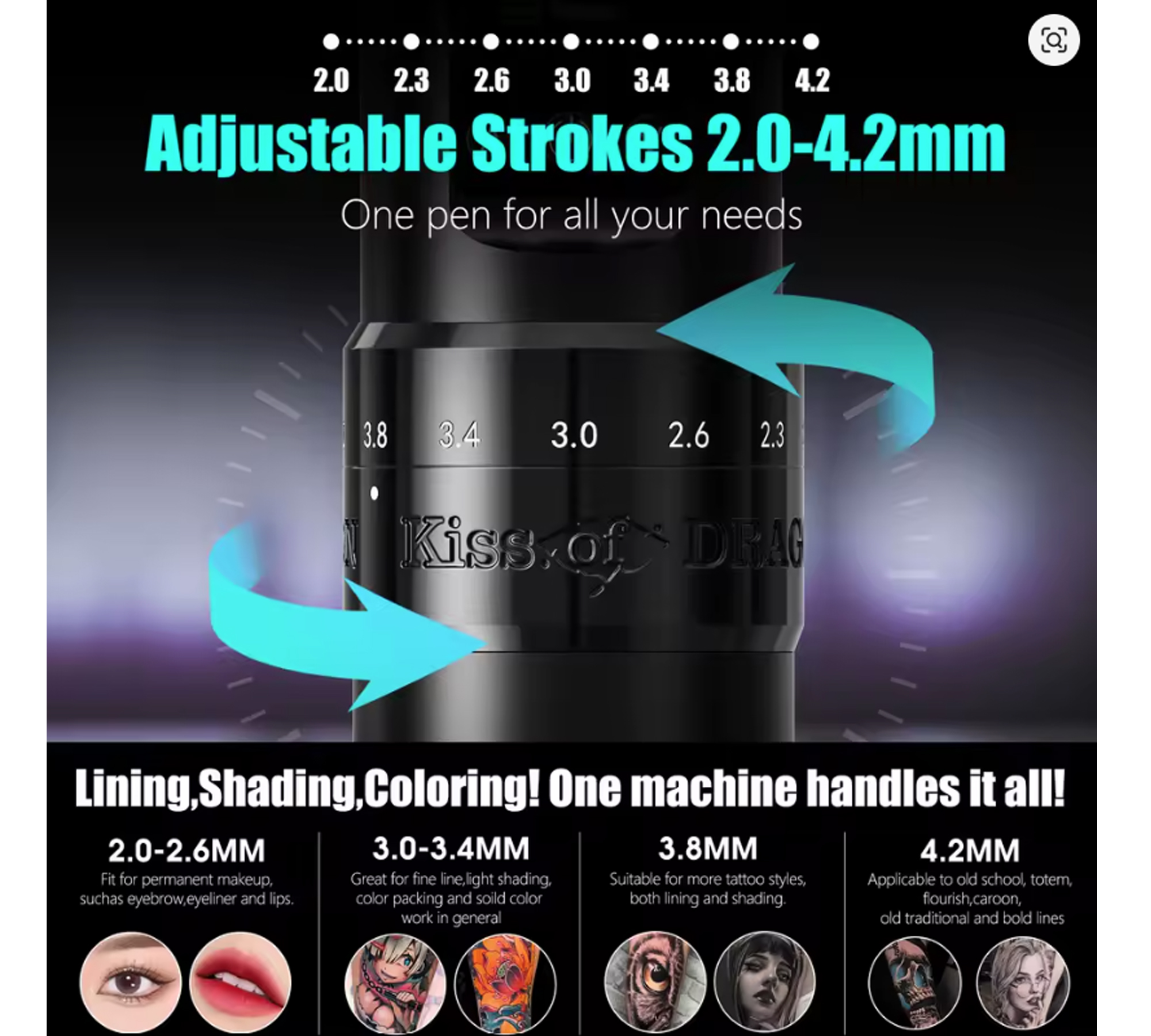 Máquina de Tatuagem Kiss of Dragon V1 Flip com Ajuste de Curso e Bateria Carregável